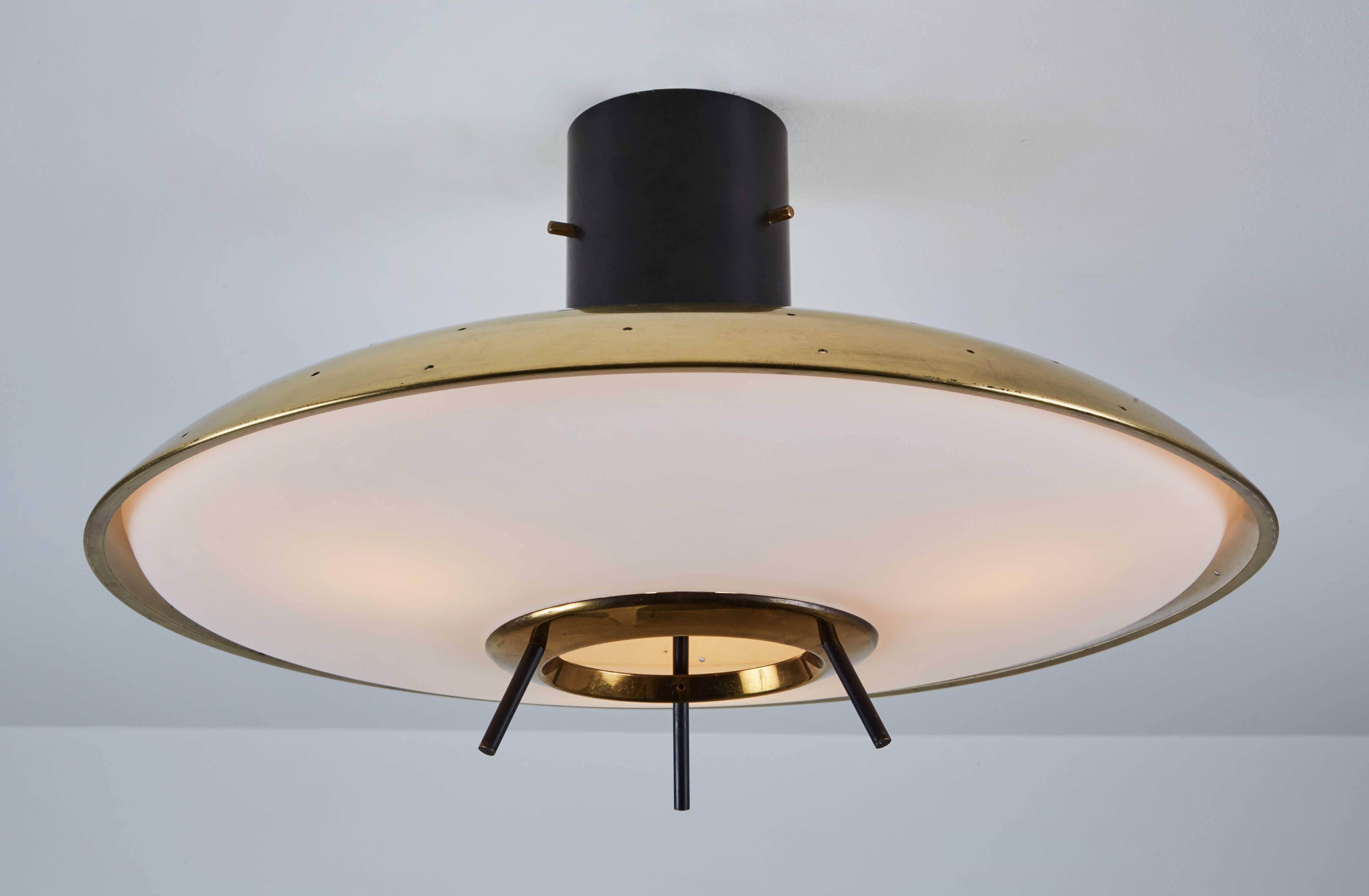 Mid-20th Century Original Stilnovo Brass and Satin Glass Flush Mount Ceiling Light