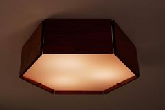 Two Teak and Acrylic Hexagonal Flushmount Ceiling Lights by Reggiani
