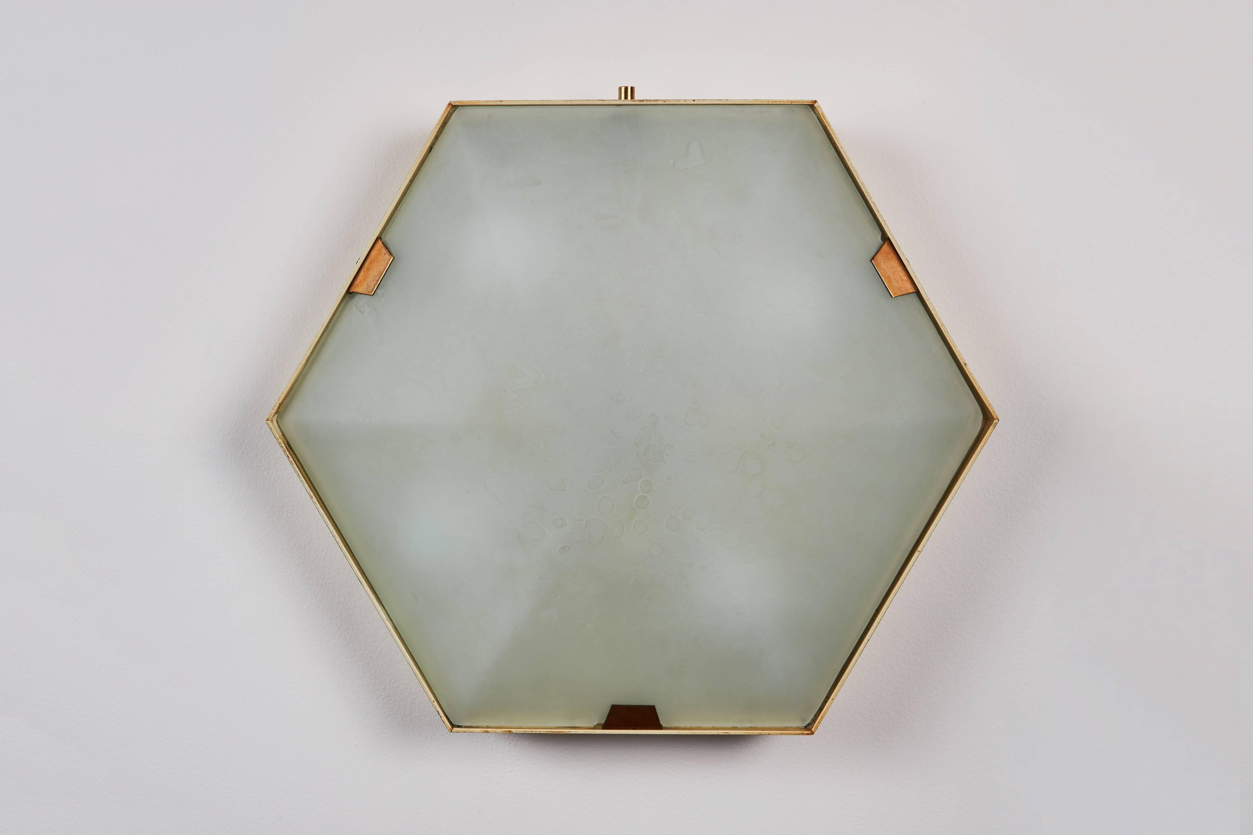 Single Hexagonal Brass and Glass Ceiling/Wall Lights by Stilnovo In Good Condition In Los Angeles, CA