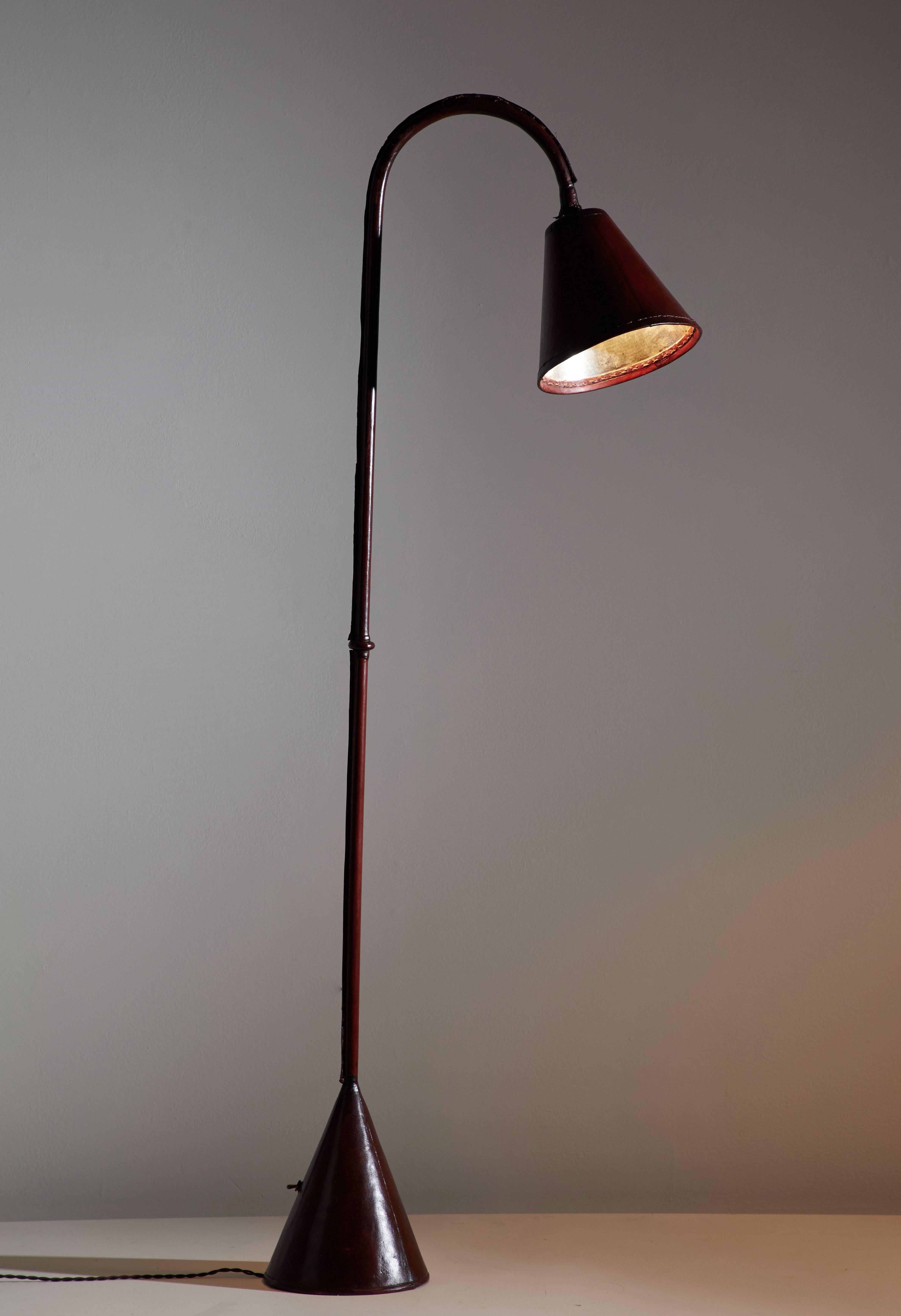 Mid-Century Modern Spanish Leather Wrapped Floor Lamp in the Style of Jacques Adnet
