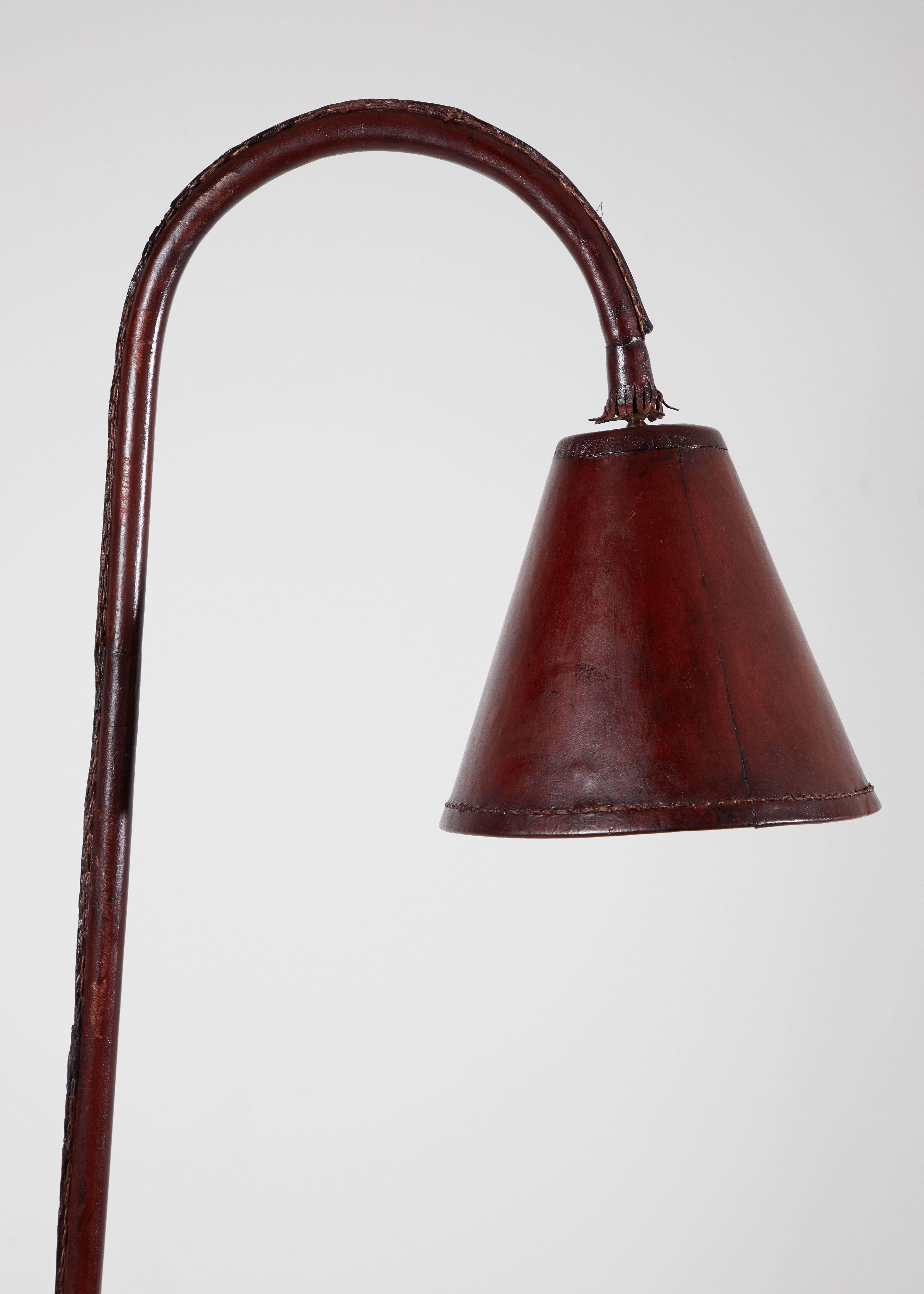 Spanish Leather Wrapped Floor Lamp in the Style of Jacques Adnet In Good Condition In Los Angeles, CA