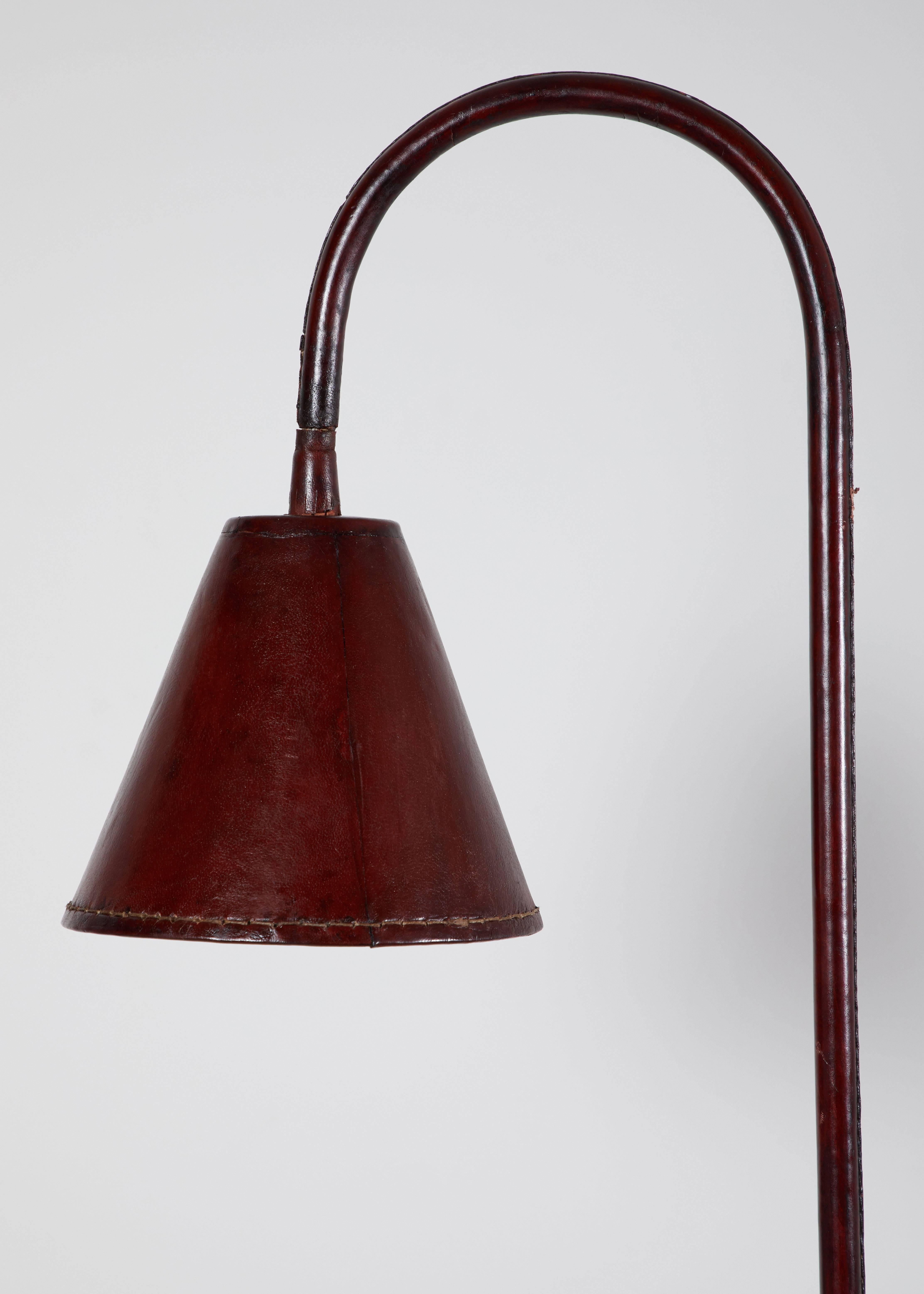 Steel Spanish Leather Wrapped Floor Lamp in the Style of Jacques Adnet