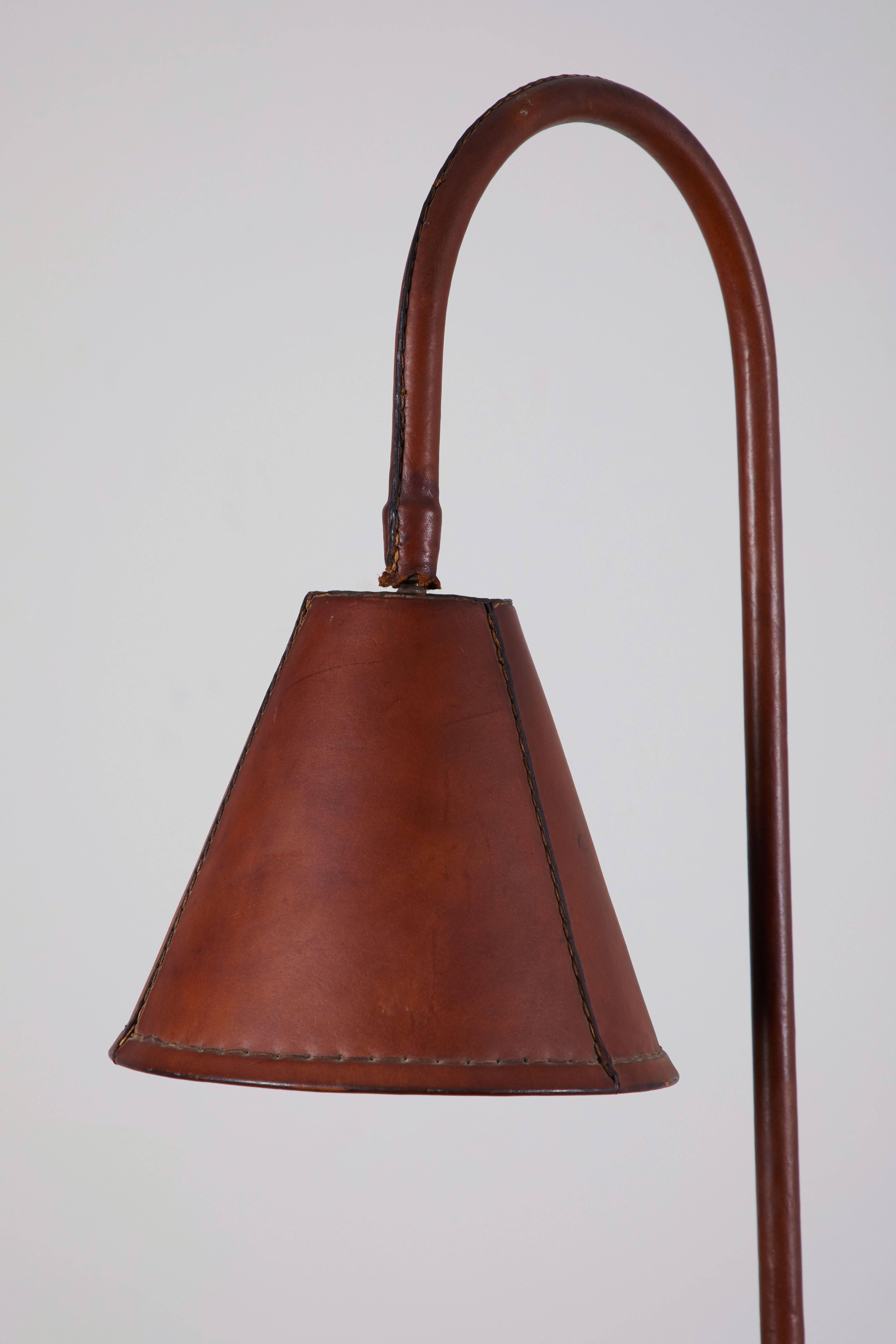 Mid-Century Modern Spanish Leather Wrapped Floor Lamp in the style of Jacques Adnet