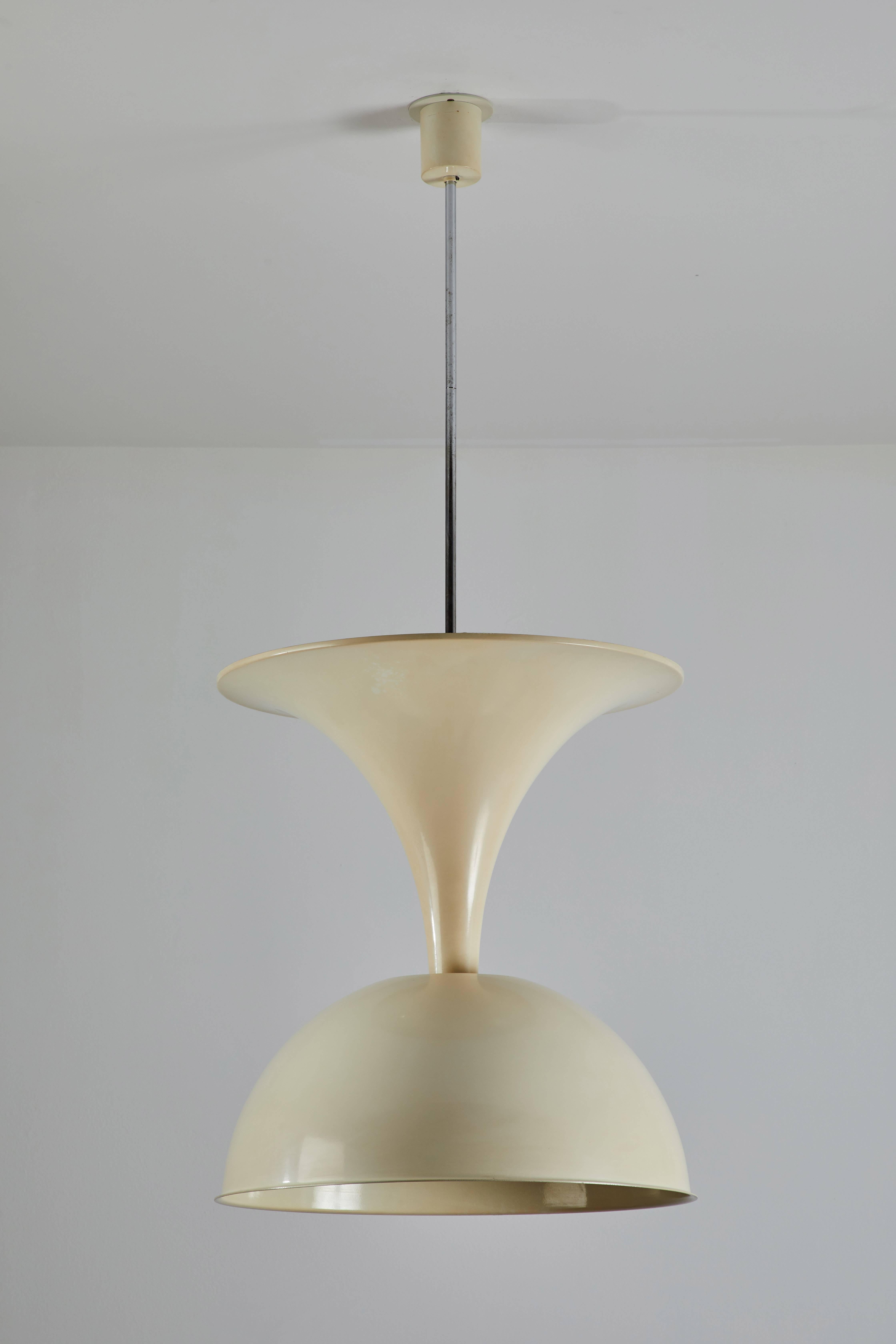 Large, double shade suspension light designed and manufactured by Valenti, in Italy, circa 1970s. Original enameled metal and brass stem. Wired for US junction boxes. Provides uplight and downlight. Takes three E14 40w maximum bulbs in top shade and