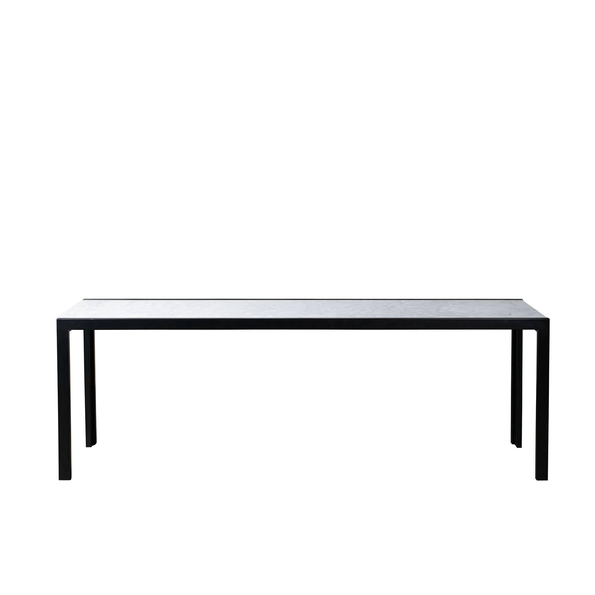 Narrow marble top console with black steel base