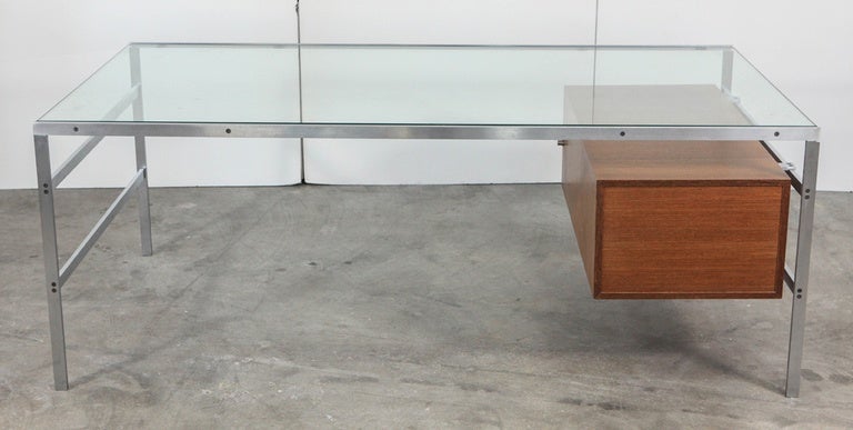 Preben Fabricius Freestanding desk with matte Steel Frame and glass top with wedged drawer section.