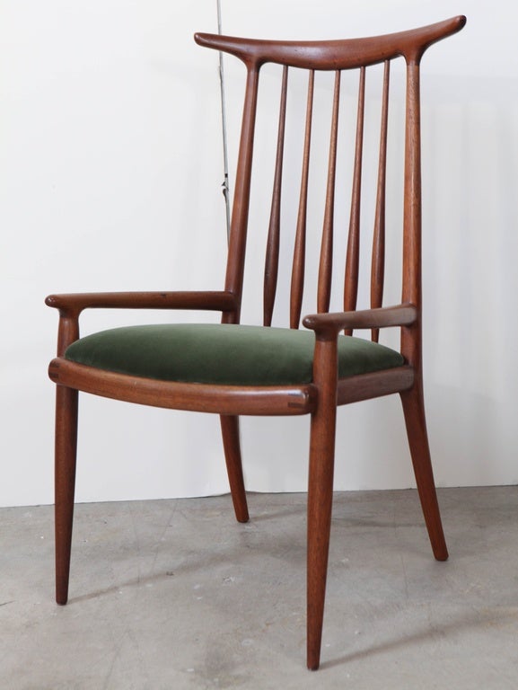 Pair of Sam Maloof horn back chairs with carved walnut and velvet upholstery 1962, USA