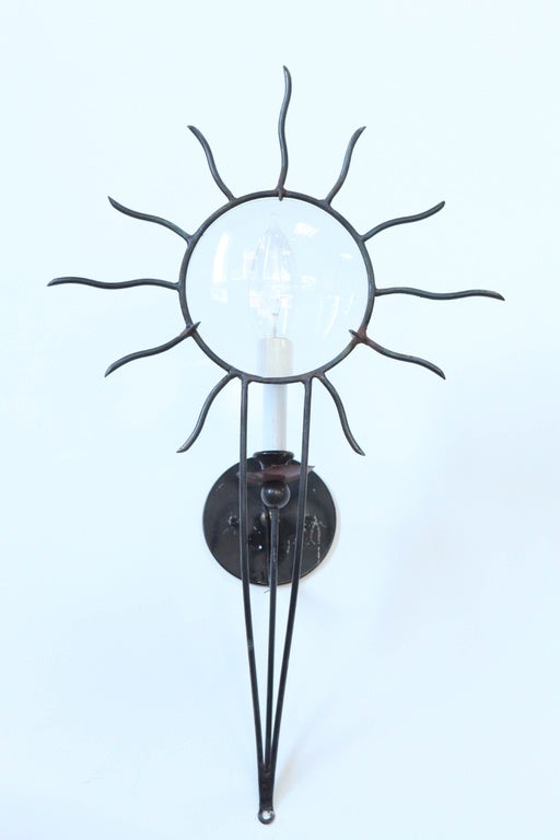 French Andre Dubreuil Iron Sunburst Sconces