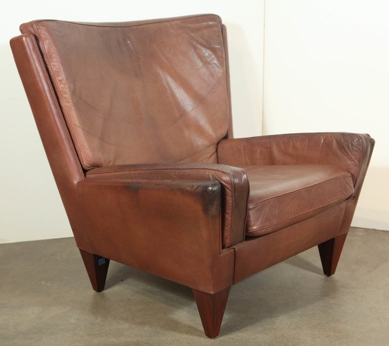 Illum Wikkeiso Brown Leather Armchair and Ottoman. 1950s