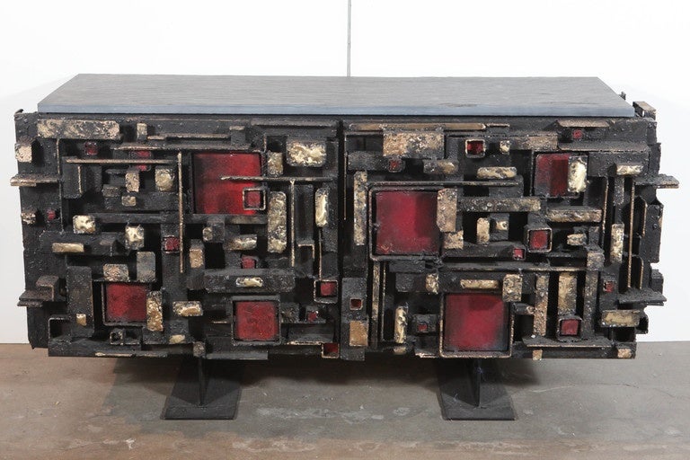 James Bearden credenza, 2014 from Cathedral series, signed, blackheat enameled steel, bronze and slate.