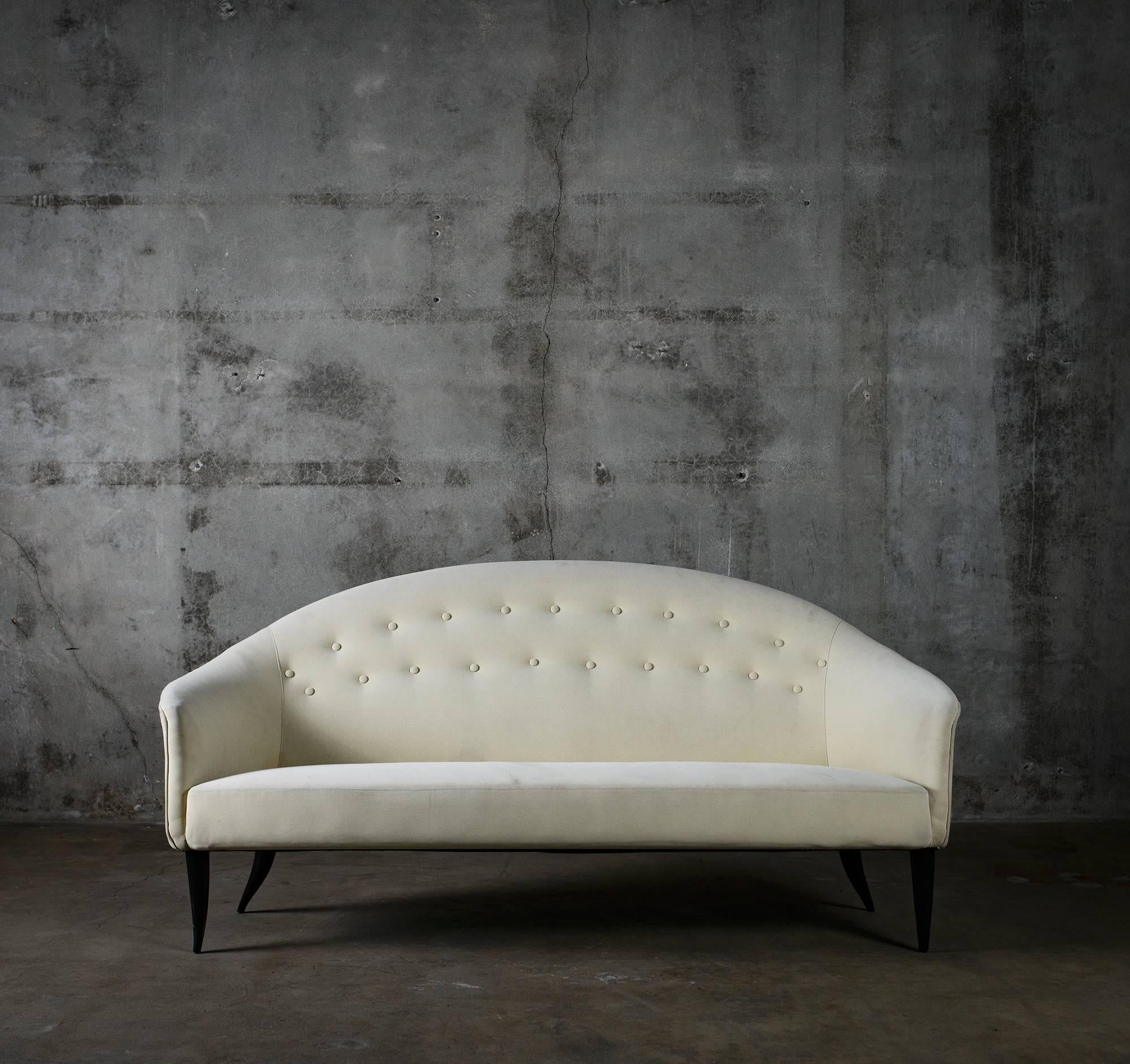 White Suede Tufted Sofa with Wood Legs