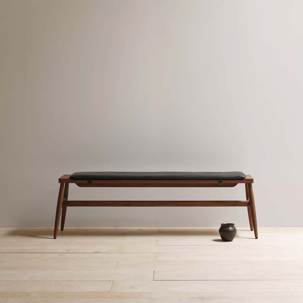 Imo Bench in Walnut and Leather Black Pad For Sale