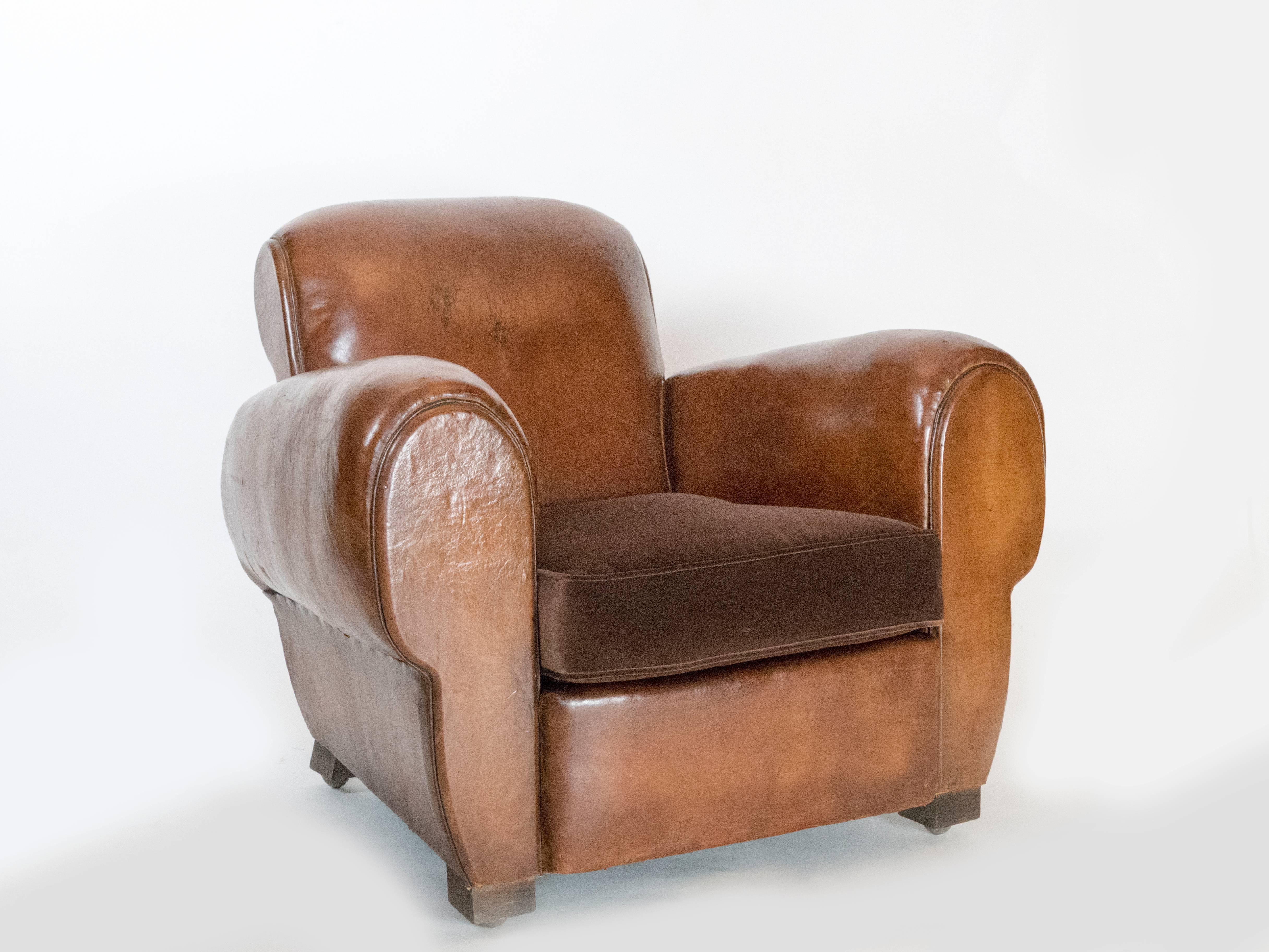 French 1930s club chairs. Beautiful leather patina. The two cotton velvet cushions are newly done with a down cushion. The structure has been re-inforced. They are very comfortable and have vintage wheels on the feet.