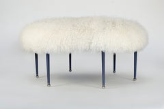 Large Scale Round Ottoman with Leather Wrapped Legs. Mongolian Wool