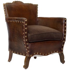 French Library Leather Armchair with Velvet Cushion