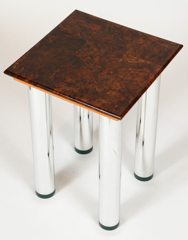 2013 Garry Knox Bennett side table with green feet, stainless steel legs, polychromed wood skirt with orange and crimson color and burl top.