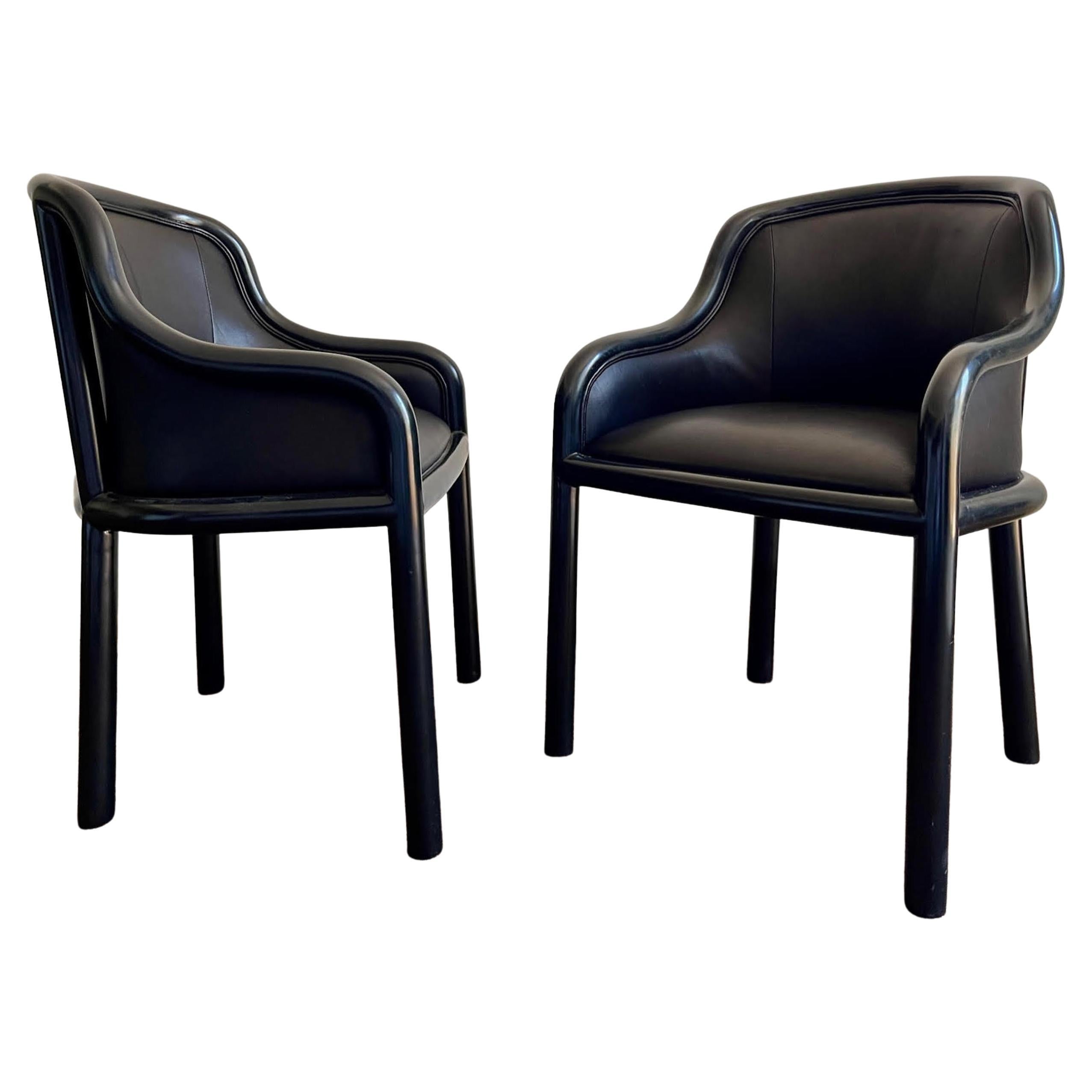 Karl Springer Pair of Black Leather Arm Chairs  For Sale