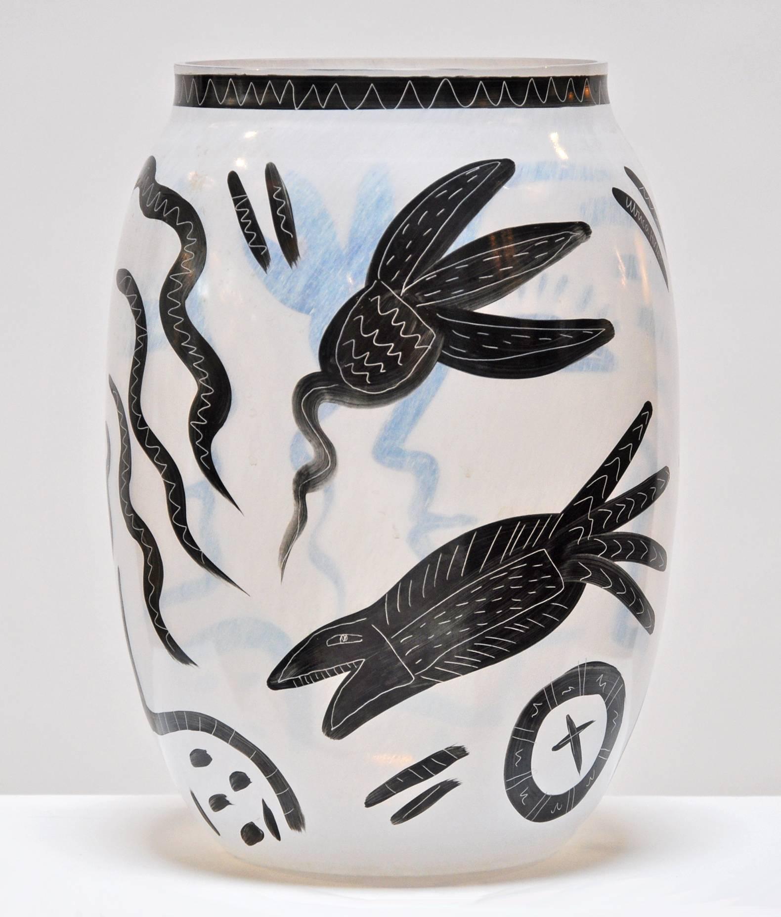 Charming hand-painted glass vase designed by Ulrica Hydman - Vallien for Kosta Boda. Signed and numbered. Retains original label.