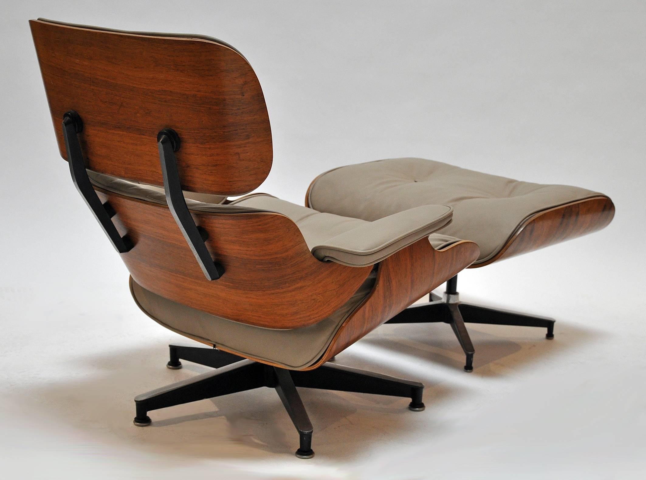 Charles and Ray Eames leather and rosewood lounge chair with ottoman.
Made by Herman Miller, 1970s.
