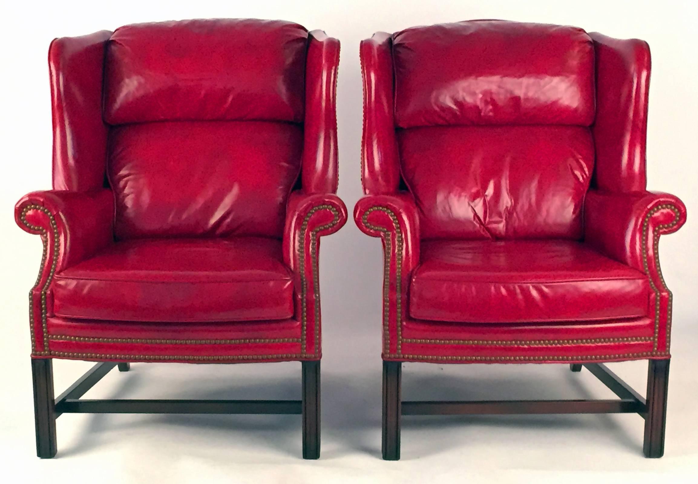 Hand-Crafted Club Chairs Pair in Leather Upholstery