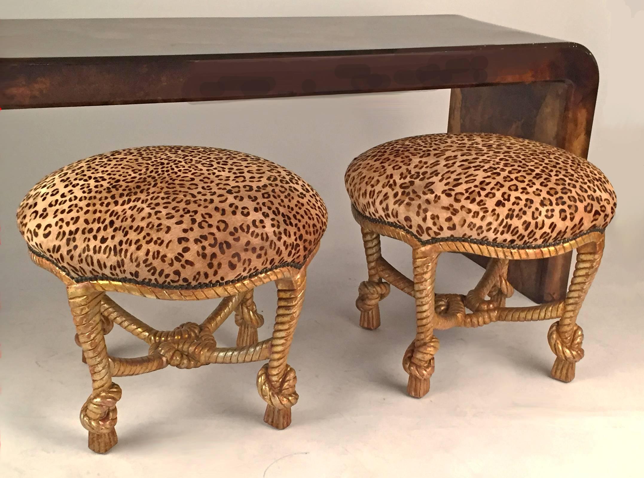 Napoleon III Pair of Matching Leather and Carved Wood Stools