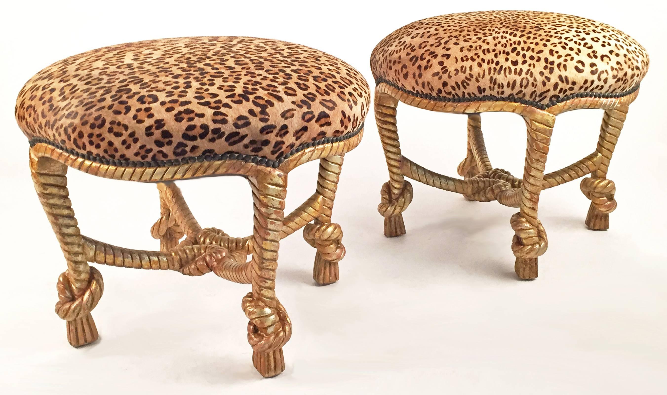American Pair of Matching Leather and Carved Wood Stools