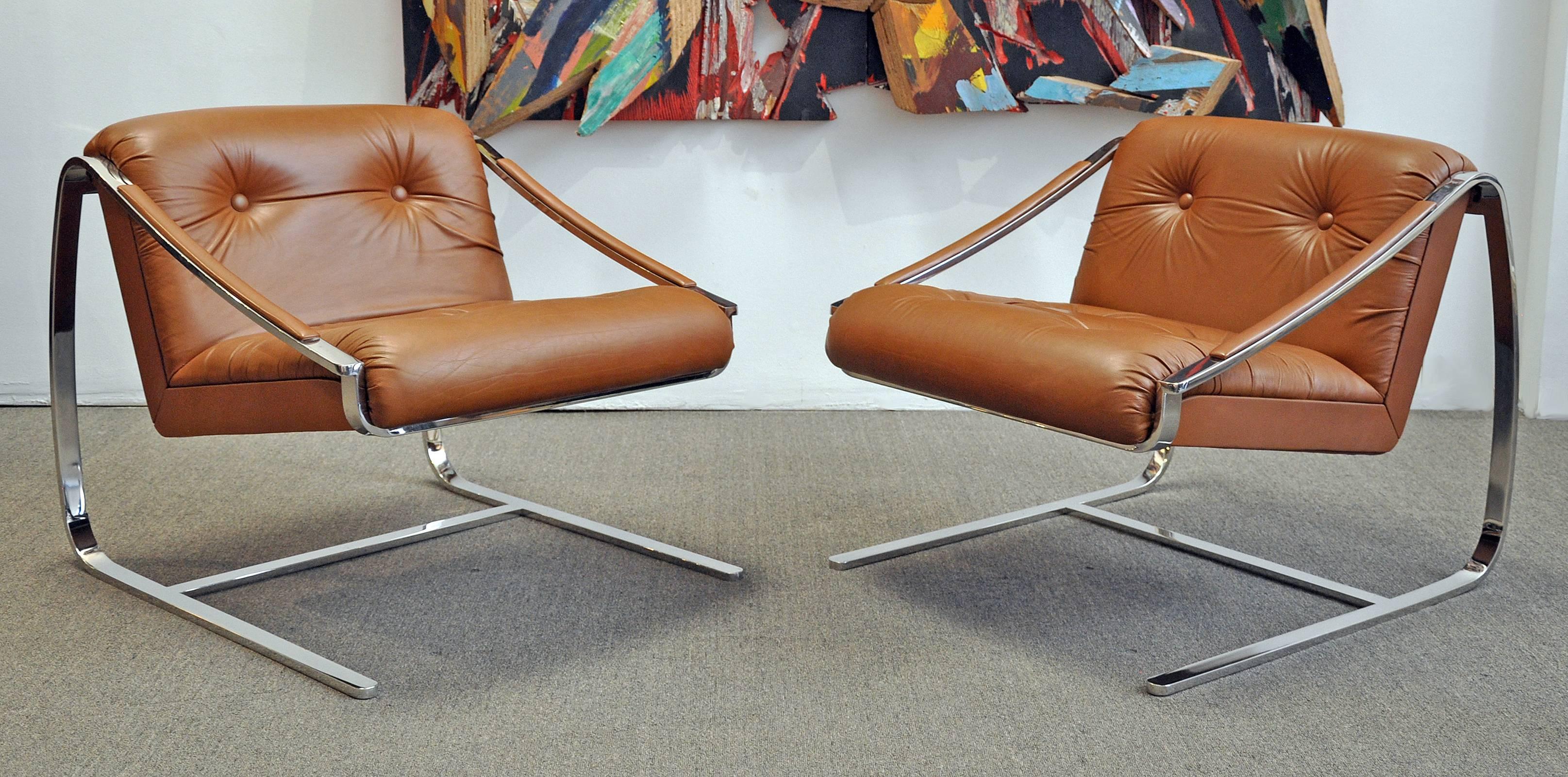 American Lounge Chairs by Brueton 1970s Pair of Steel and Leather 