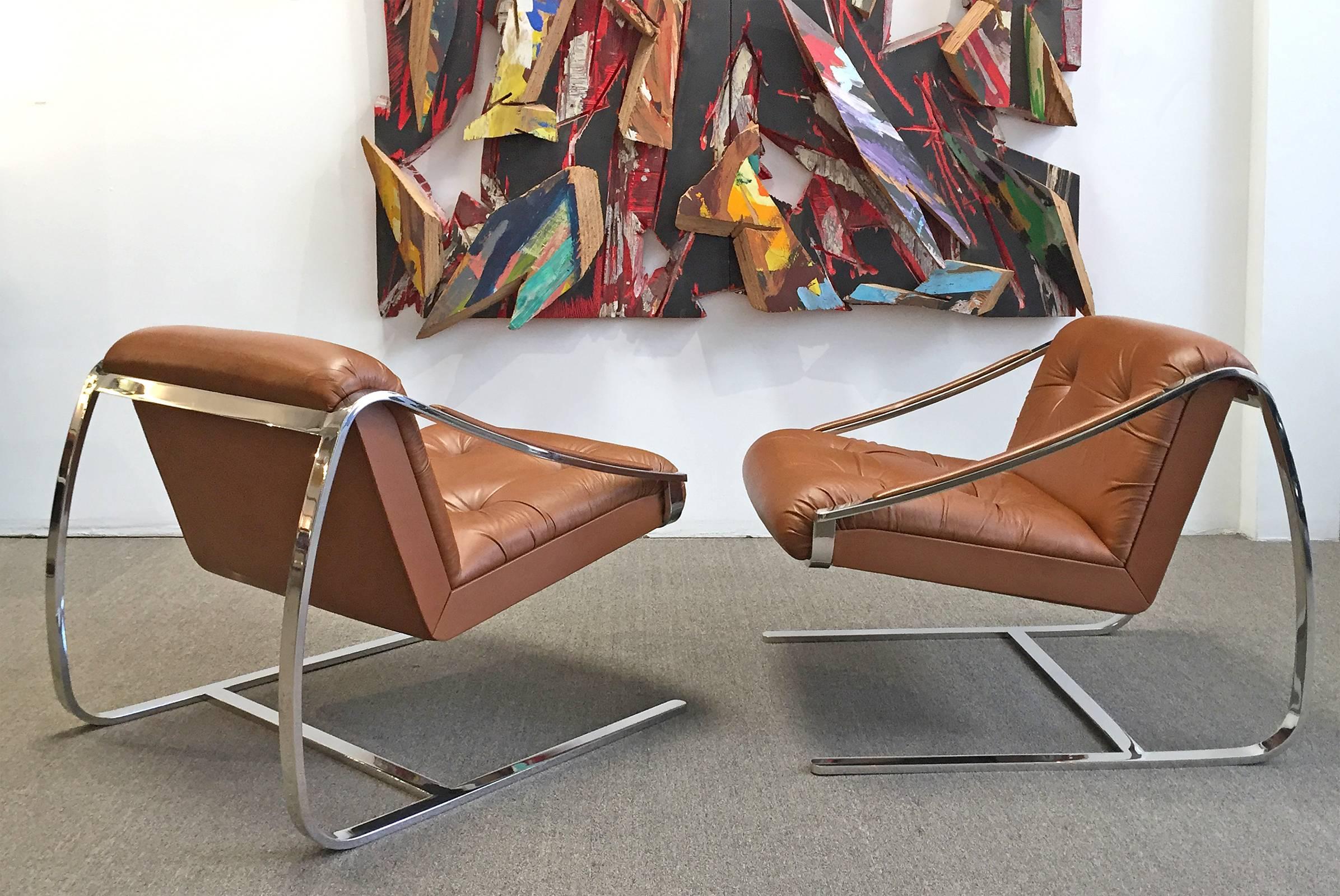Lounge Chairs by Brueton 1970s Pair of Steel and Leather 