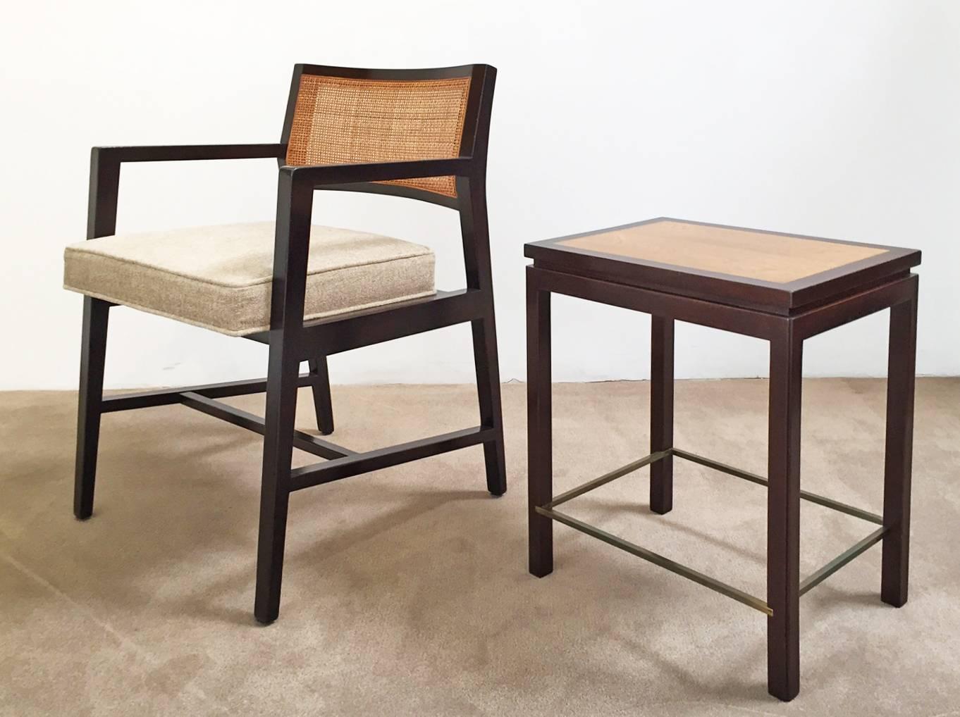 Pair of matching tables designed by Edward Wormley for Dunbar Furniture.
Contrasting wood with brass stretchers. Price is for the pair.

Complementary delivery in the Los Angeles / Beverly Hills area and Pasadena area. Pick up is also an option.
