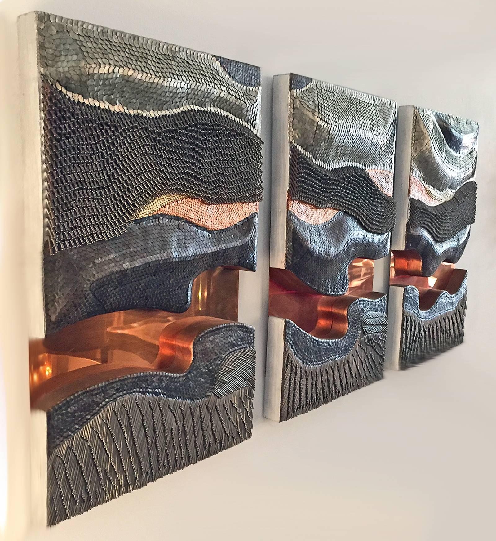 Brutalist Tryptic Metal Wall Sculpture In Excellent Condition In Los Angeles, CA