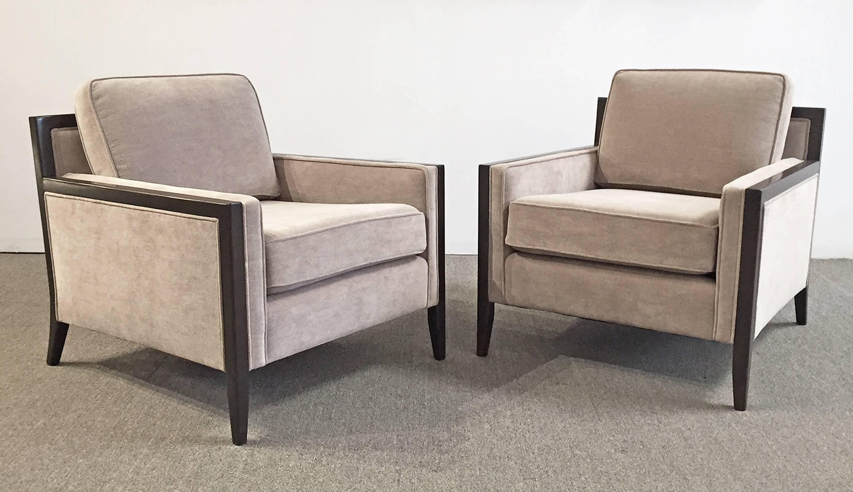 Modern pair of upholstered chairs with stained wood frame. Newly upholstered and restored.
Price is for the pair.