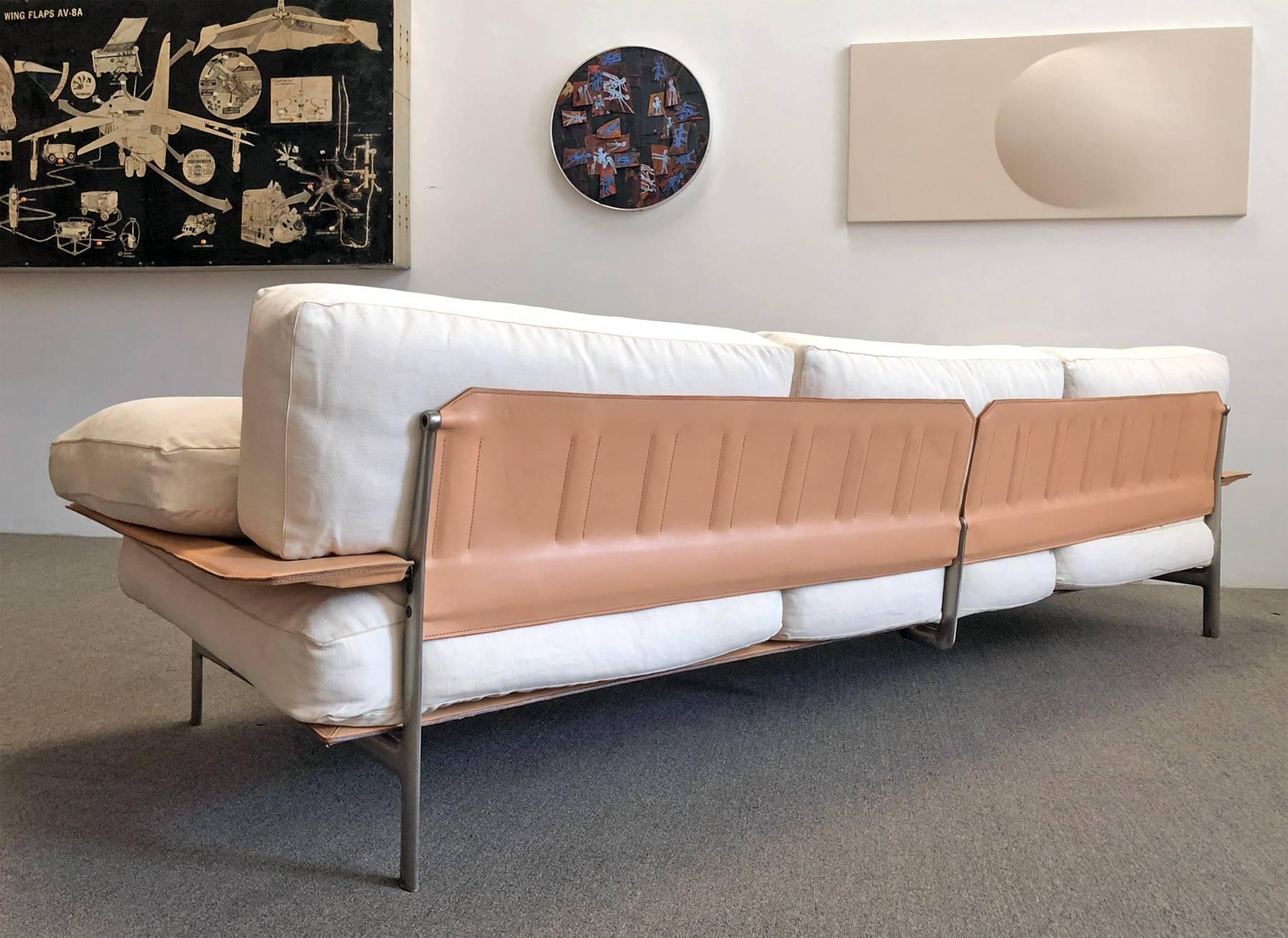 Upholstered, nickel-plated metal, leather and canvas 'Diesis' sofa by B & B Italia, designed by Antonio Citterio and Paolo Nava, 1979.

