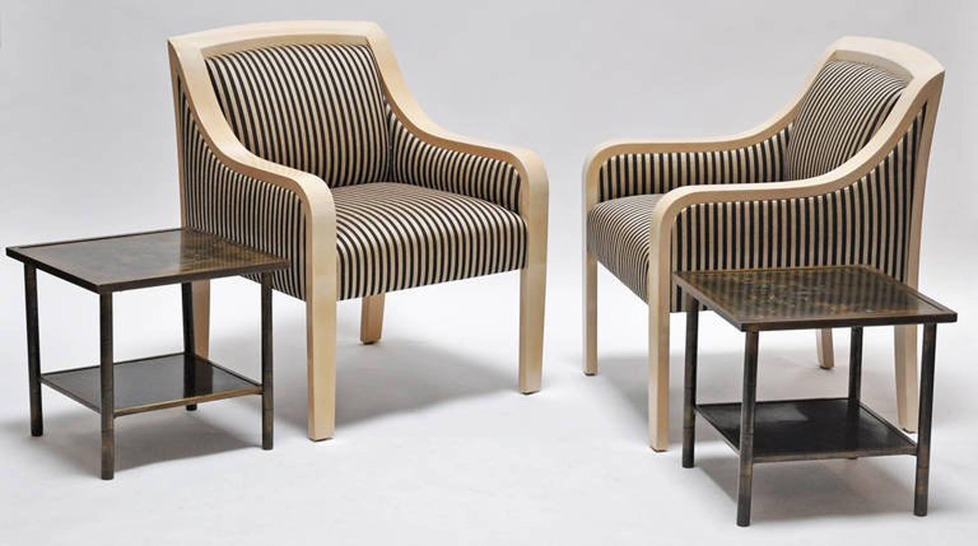 Pair of luxurious lacquered wood and upholstered armchairs. Made by J Robert Scott, designed by Sally Sirken Lewis. Designed for style and comfort. Top quality materials and construction. Price is for the pair.