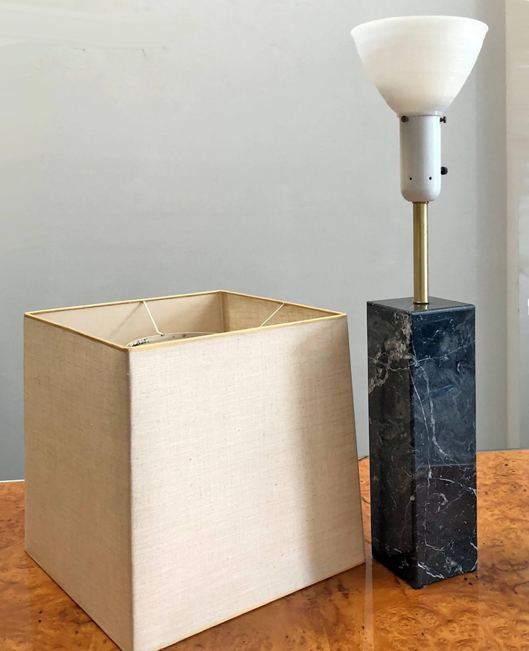 1950s marble table lamp designed by Walter Von Nessen. Original linen shade. All original condition.