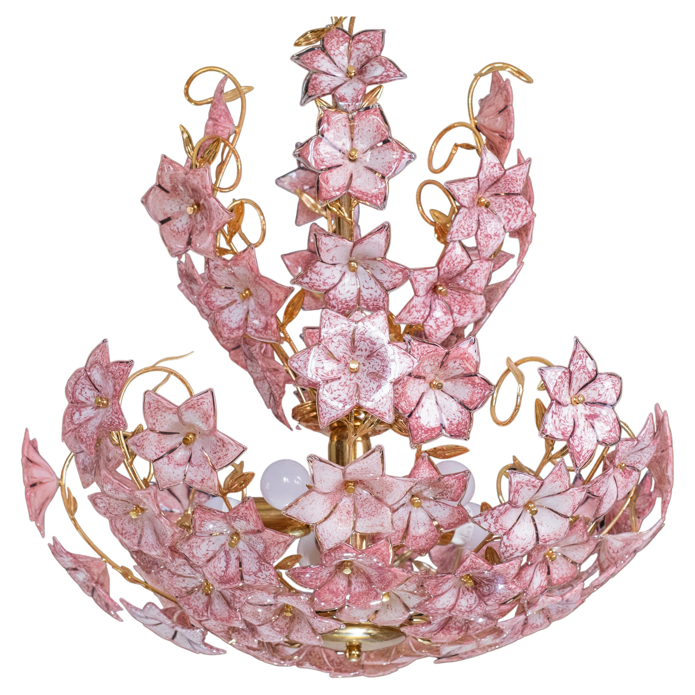 Spectacular Murano Chandelier Full of Pink Flowers, 1970s For Sale