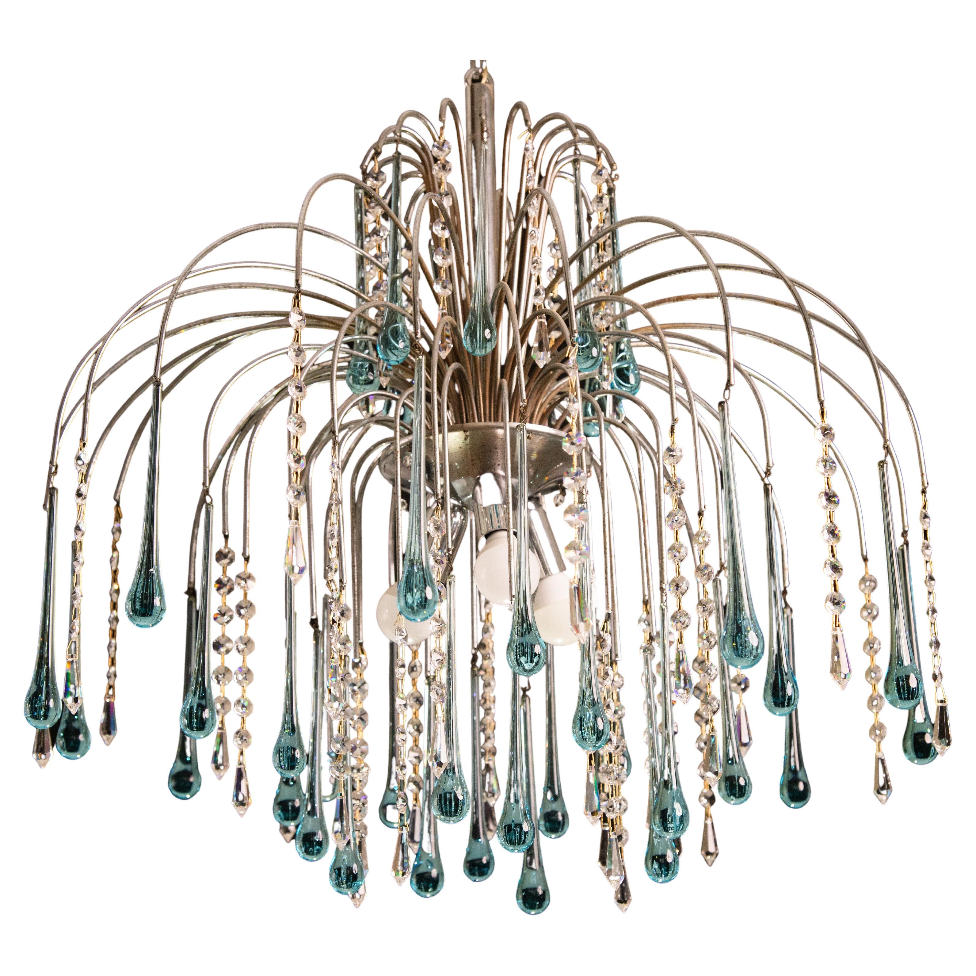 The Blue Crown, Murano Chandelier Blue and Crystal Drops, 1970s For Sale