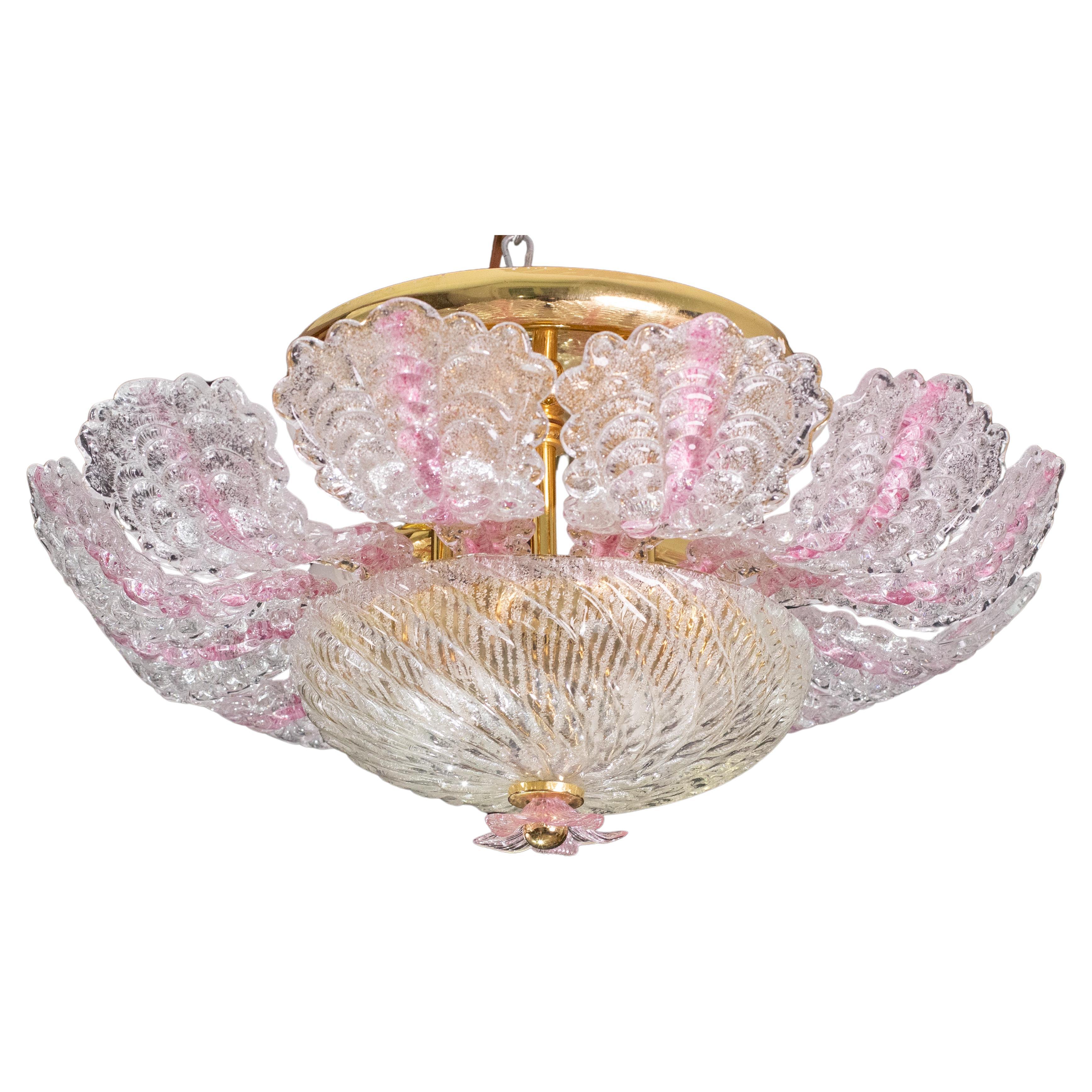 Charming Pink Murano Glass Leave Ceiling Light or Chandelier, 1970s For Sale