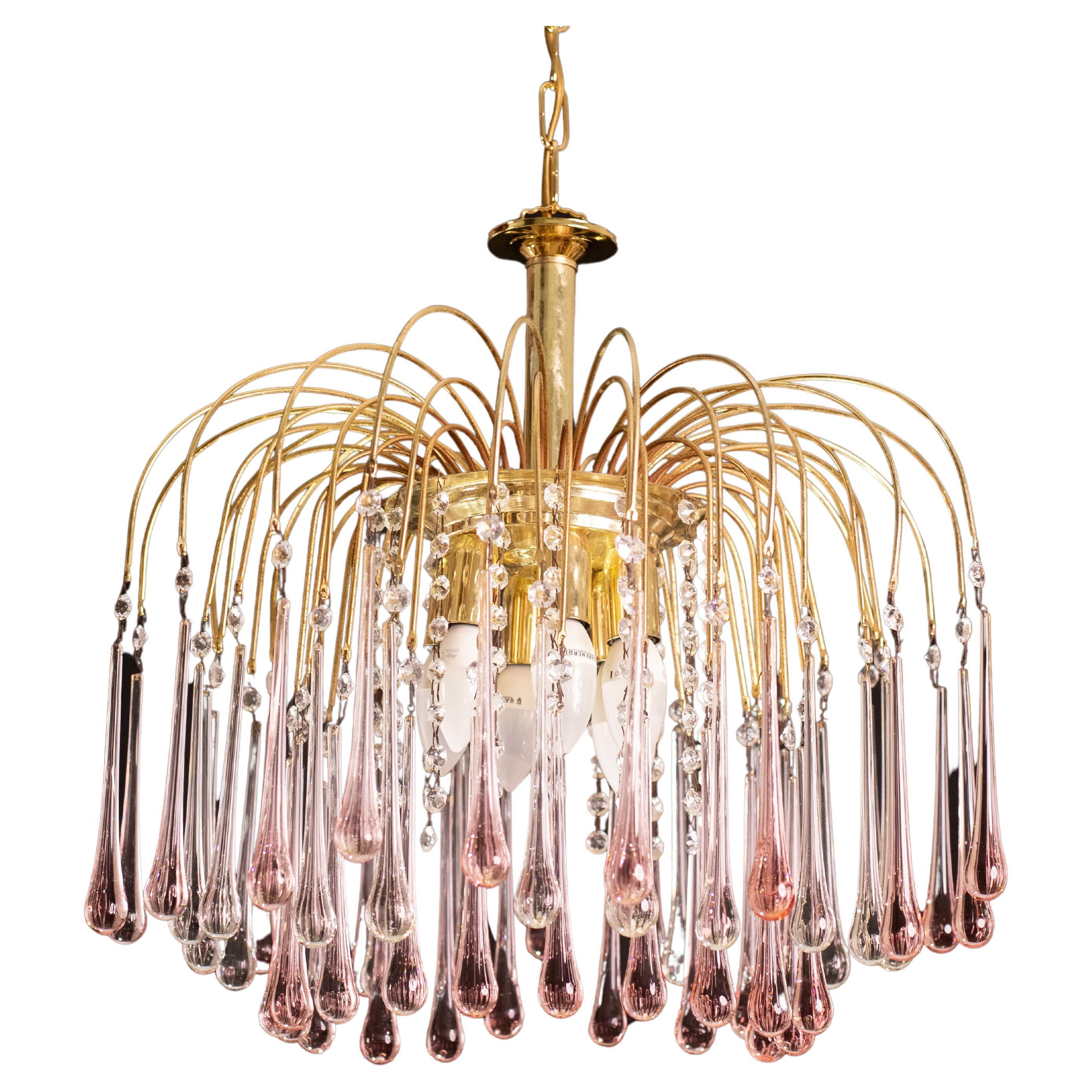 Lady Barbara, Murano Chandelier Pink and White Drops, Venini Style, 1970s For Sale