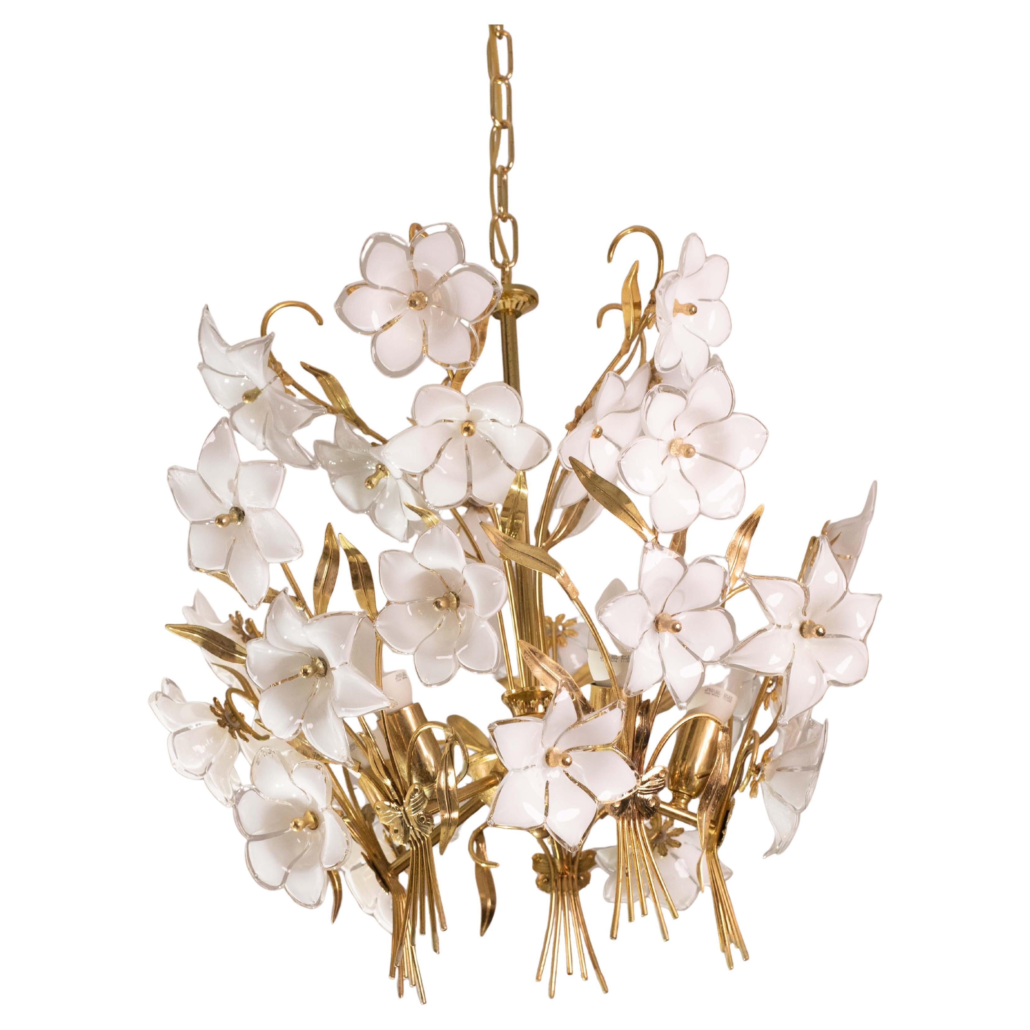 Amazing Murano Chandelier White Flowers, 1970