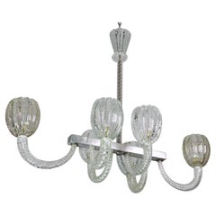 Amazing 6 Light BarovierArt Deco Chandelier, "Bullicante" Glass Murano, 1940s