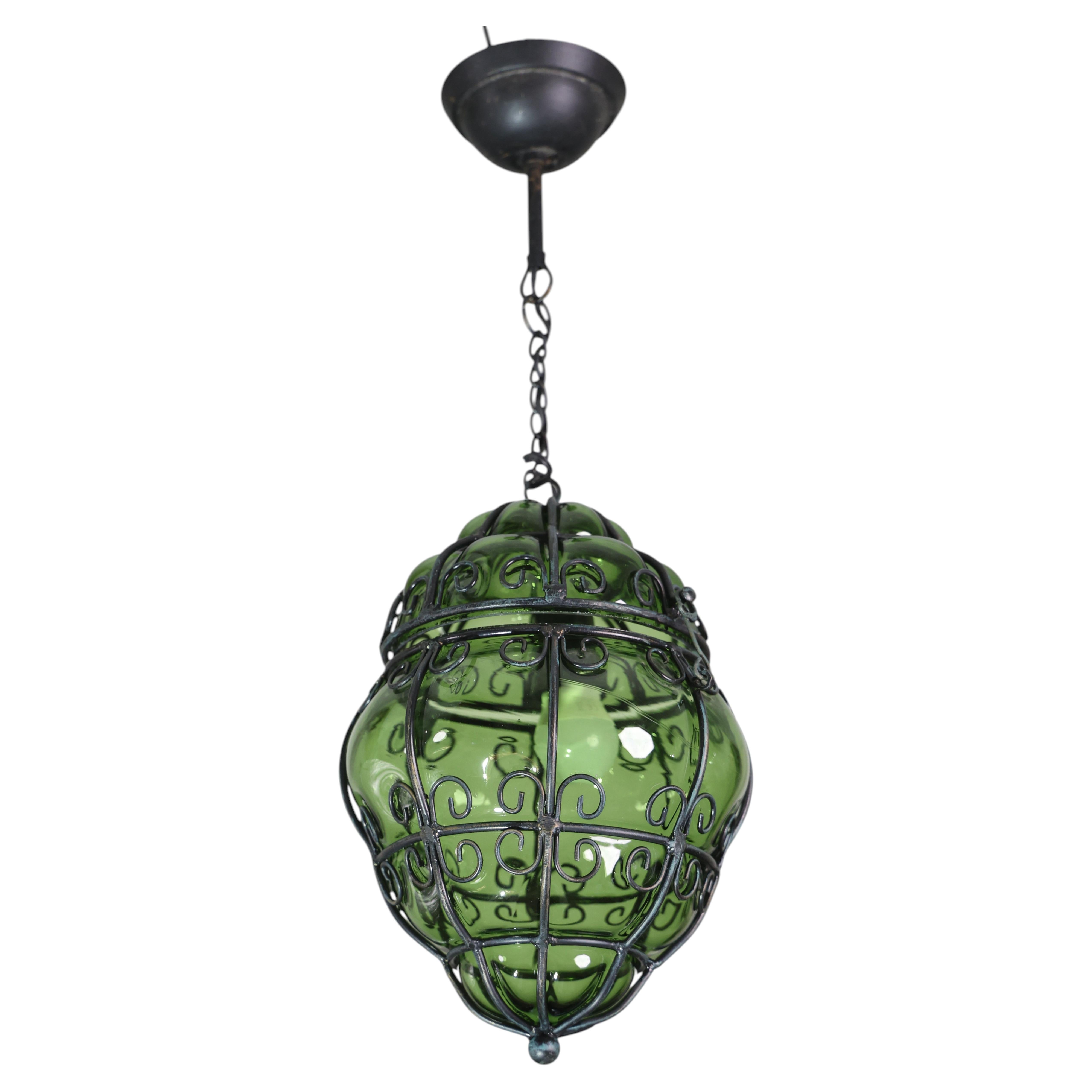 Maravillosa linterna veneciana de color verde, cristal de Murano de Seguso, Italia, 1970