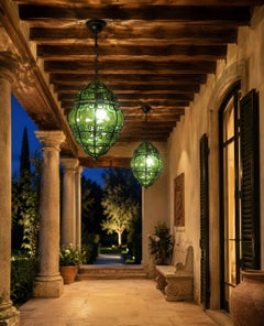 Set of 2 Wonderful Green Colour Venetian Lantern, Seguso Murano Glass, Italy