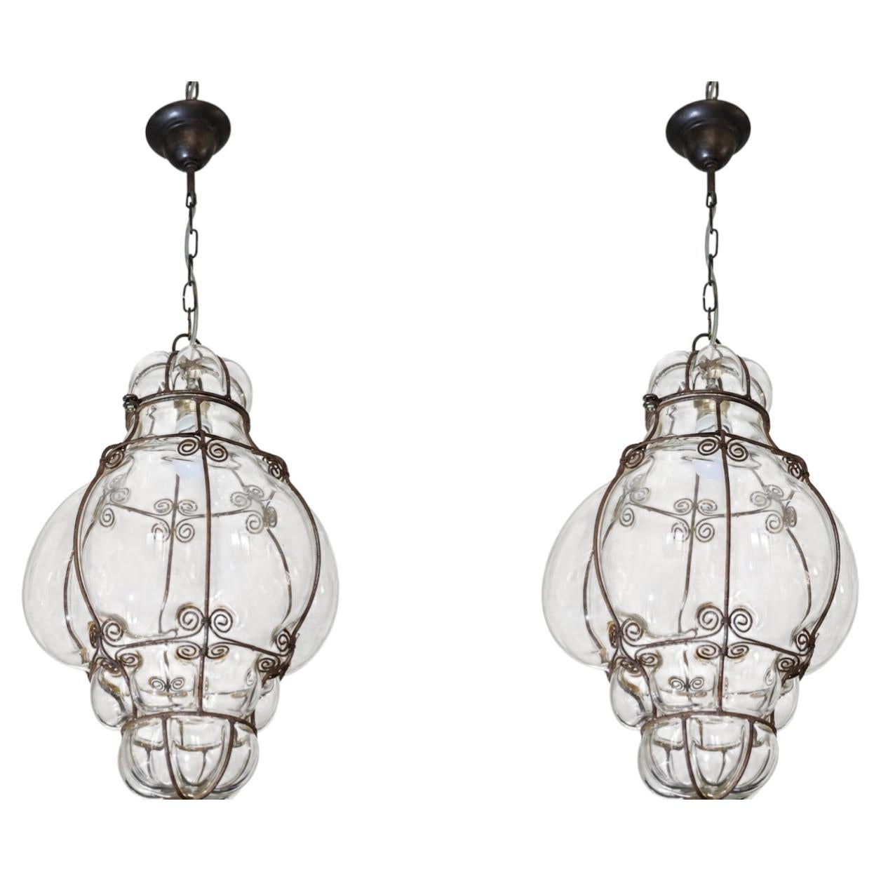 Set of 2 Large Size Transparent Colour Venetian Lantern, Seguso Murano Glass For Sale