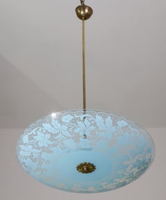 Italian Vintage Floral Glass and Brass Pendant Chandelier, Mid-Century, 2 Lights