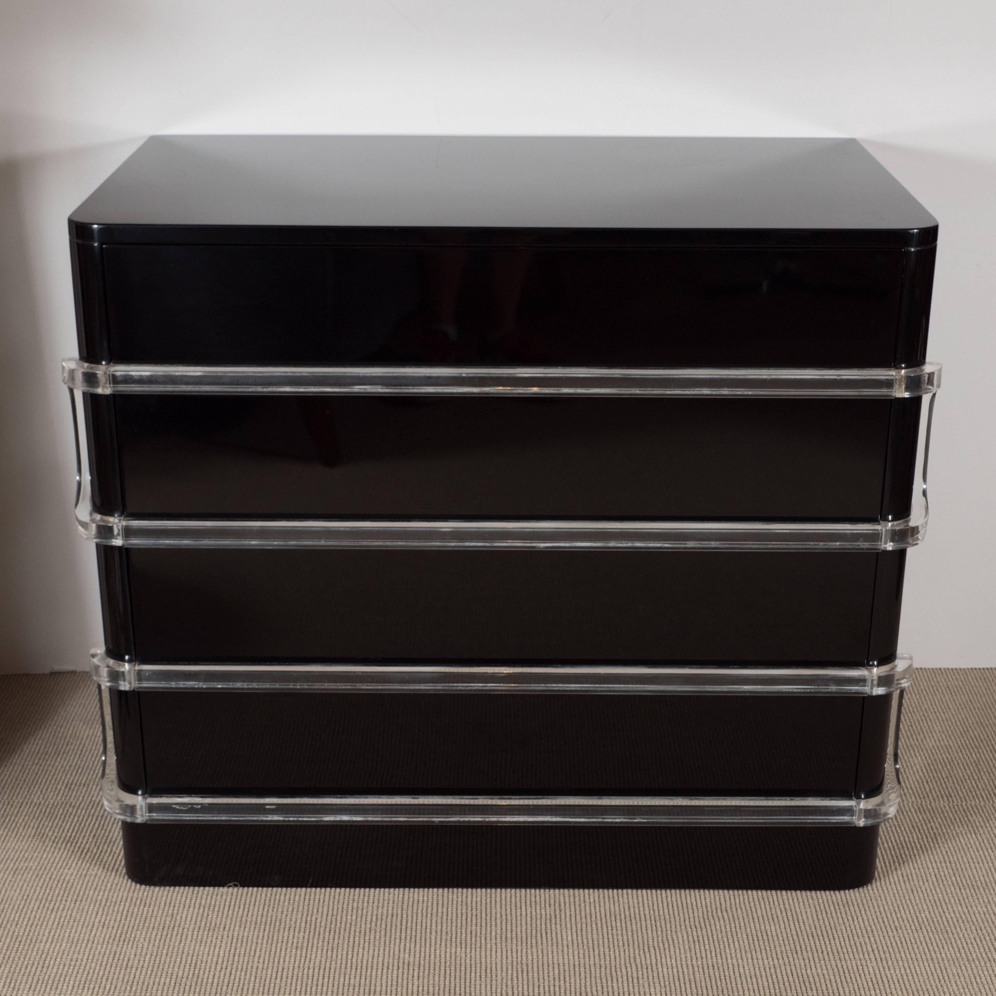 Grosfield House Art Deco black lacquer chest with Lucite pull.