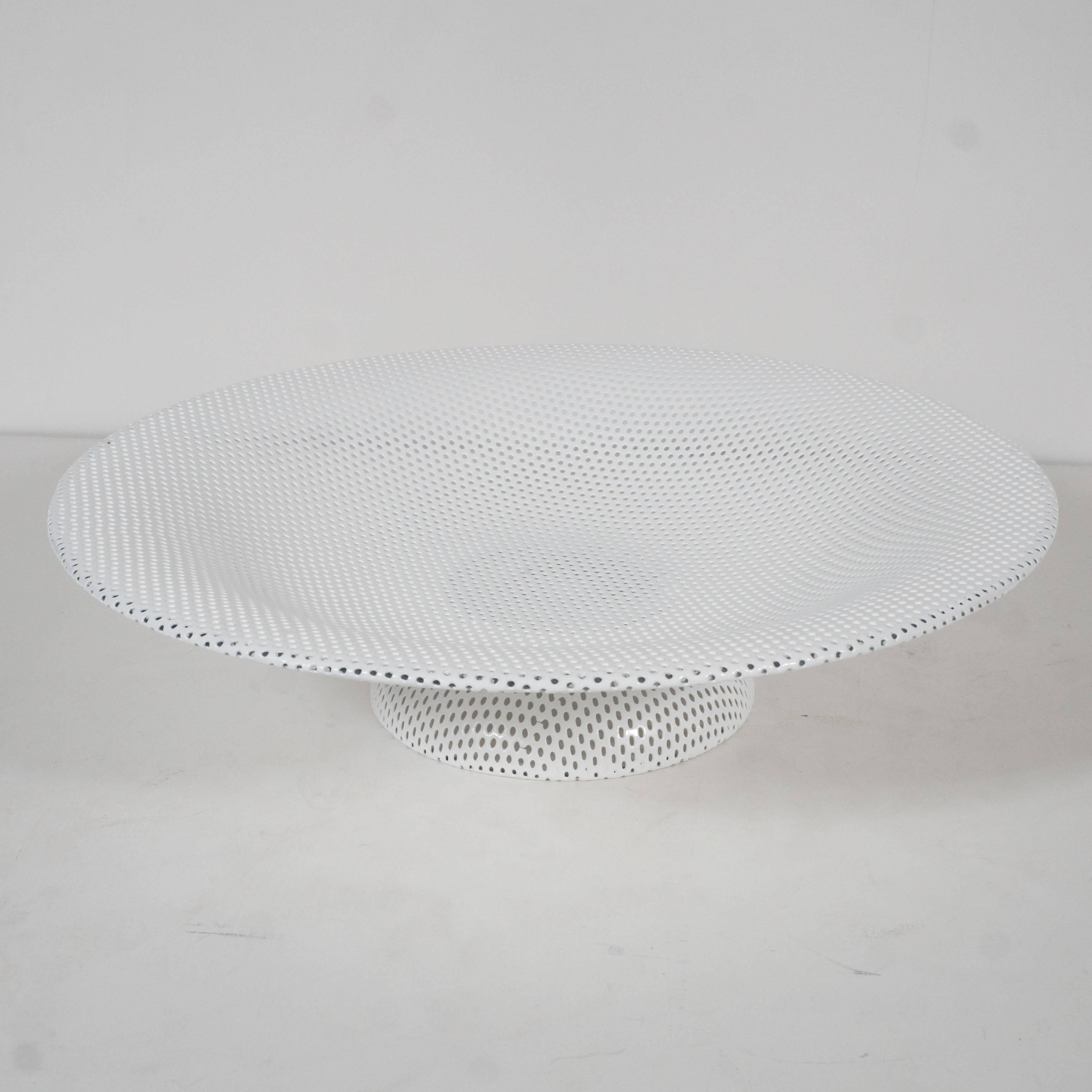French White Pierced Metal Pedestal Bowl in the Style of Matégot For Sale