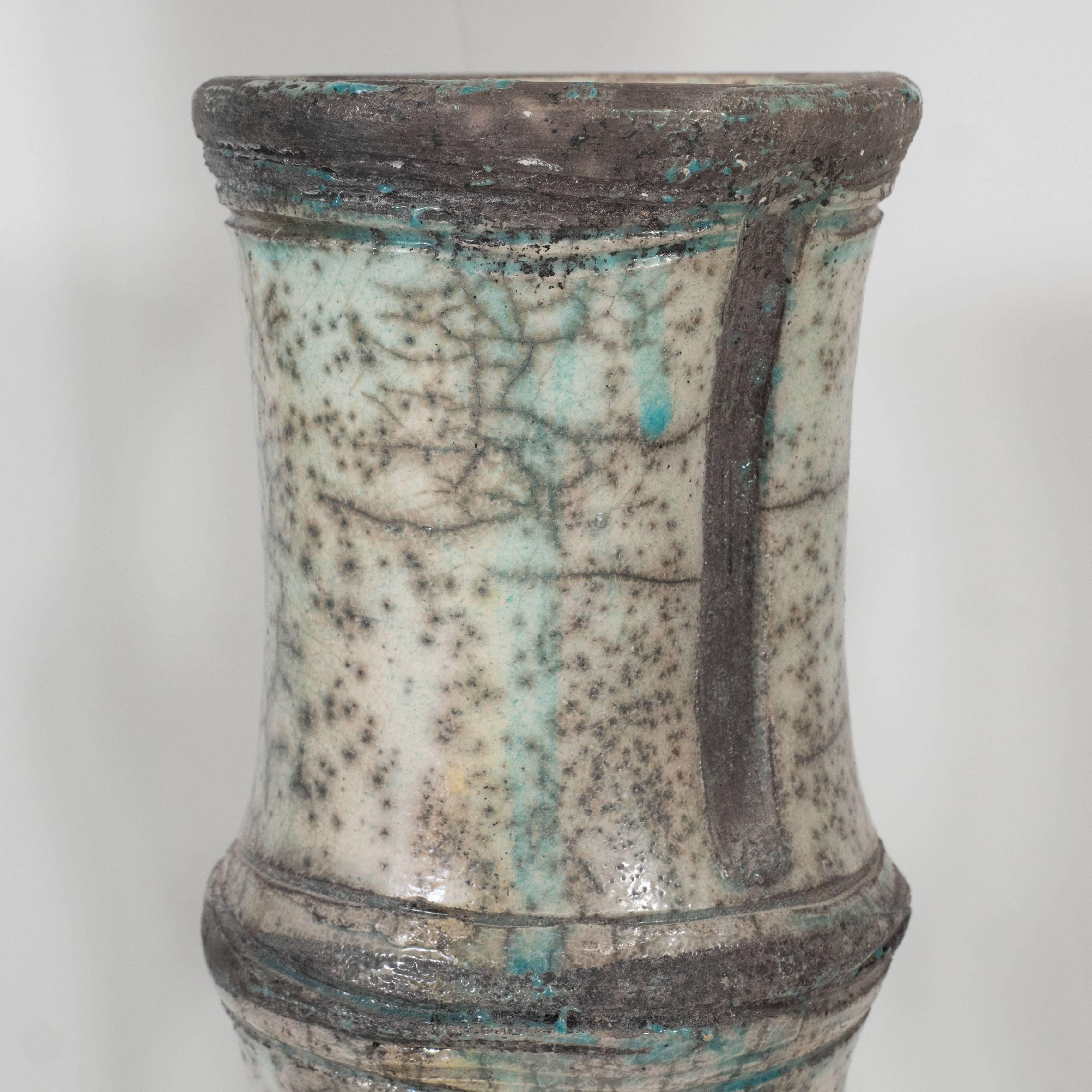 Mid-20th Century Three Ceramic Vases, Bamboo Pattern, Vallauris Raku For Sale