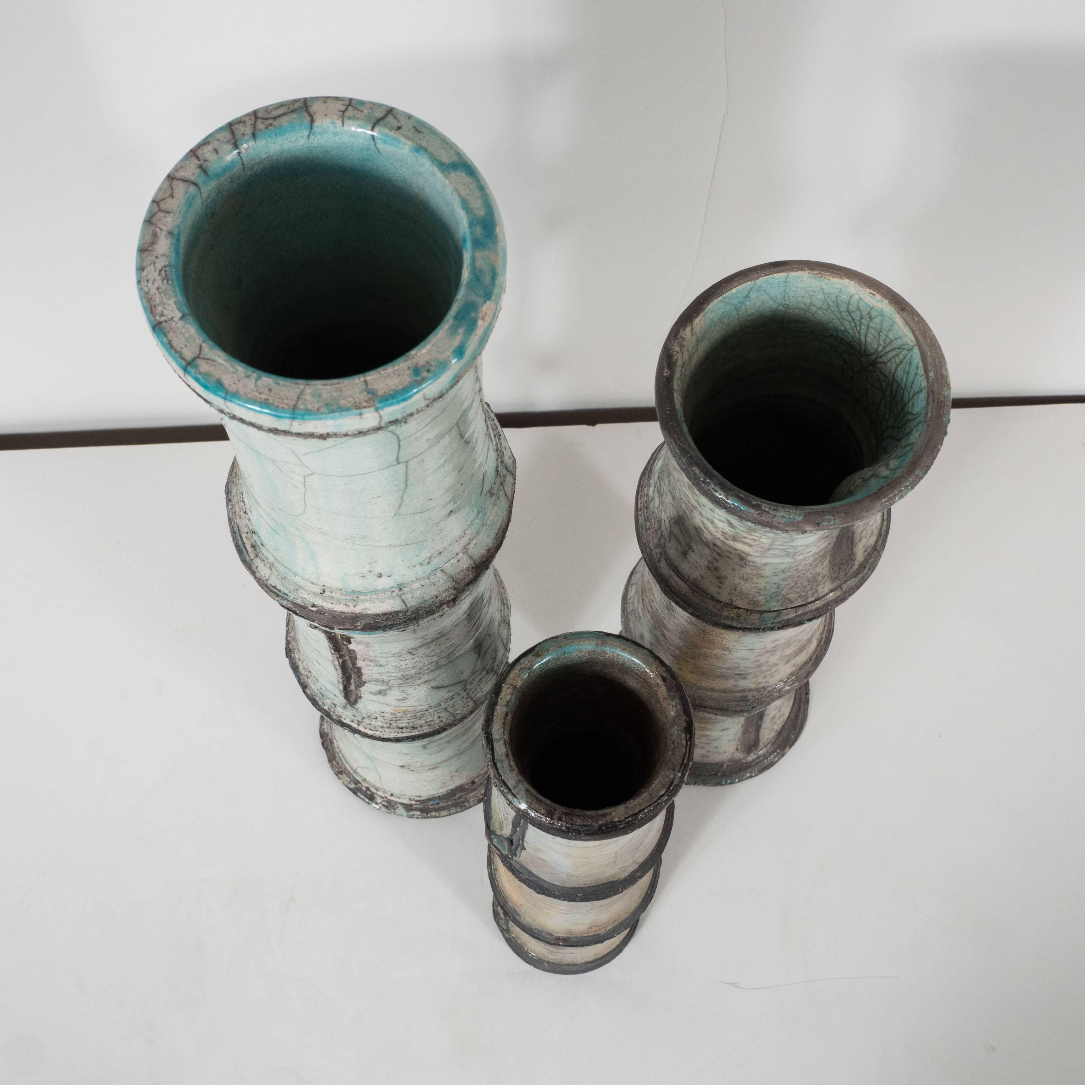 French Three Ceramic Vases, Bamboo Pattern, Vallauris Raku For Sale