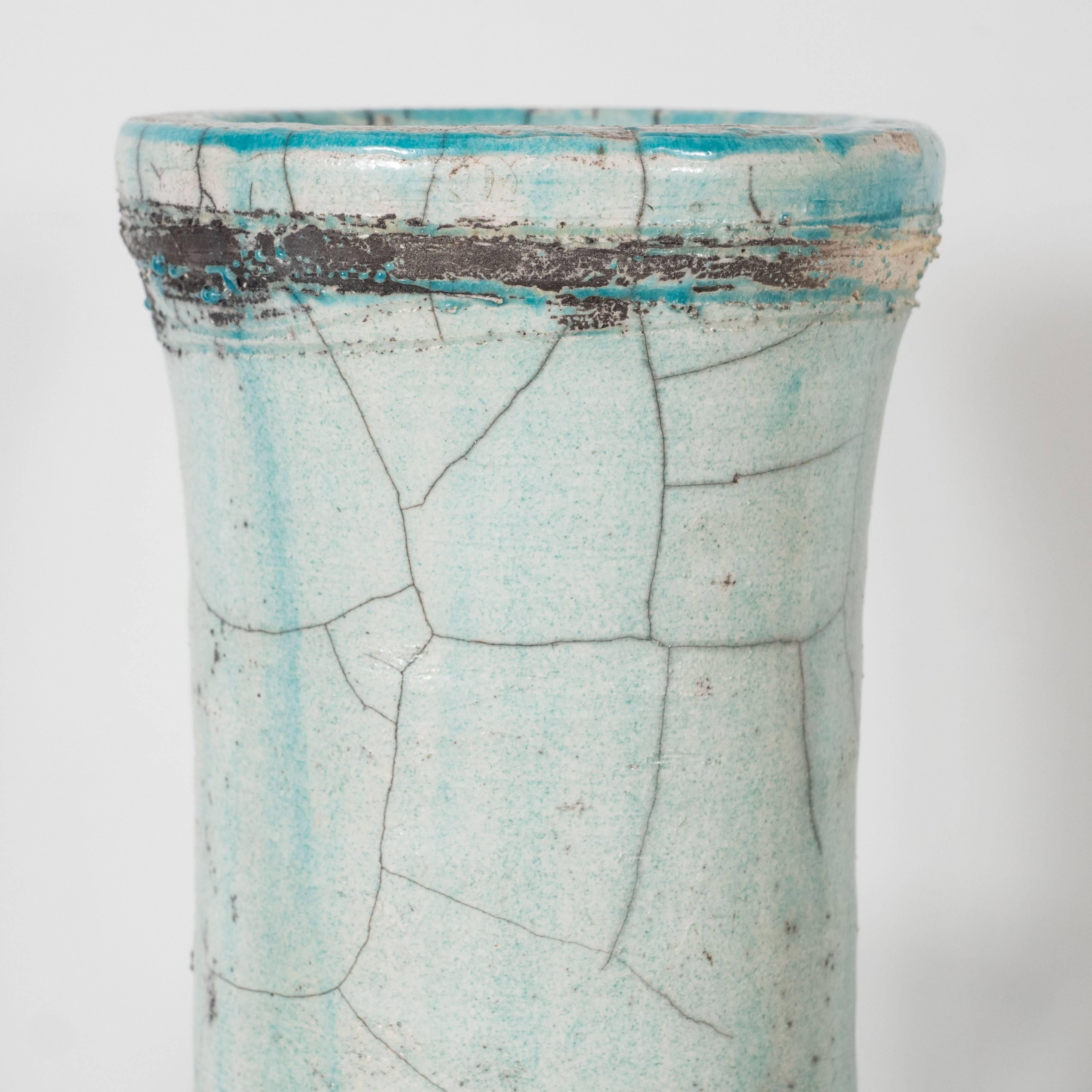 Three Ceramic Vases, Bamboo Pattern, Vallauris Raku In Excellent Condition For Sale In New York, NY