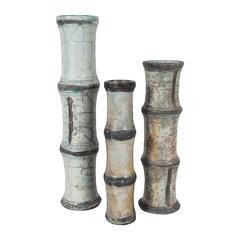 Three Ceramic Vases, Bamboo Pattern, Vallauris Raku